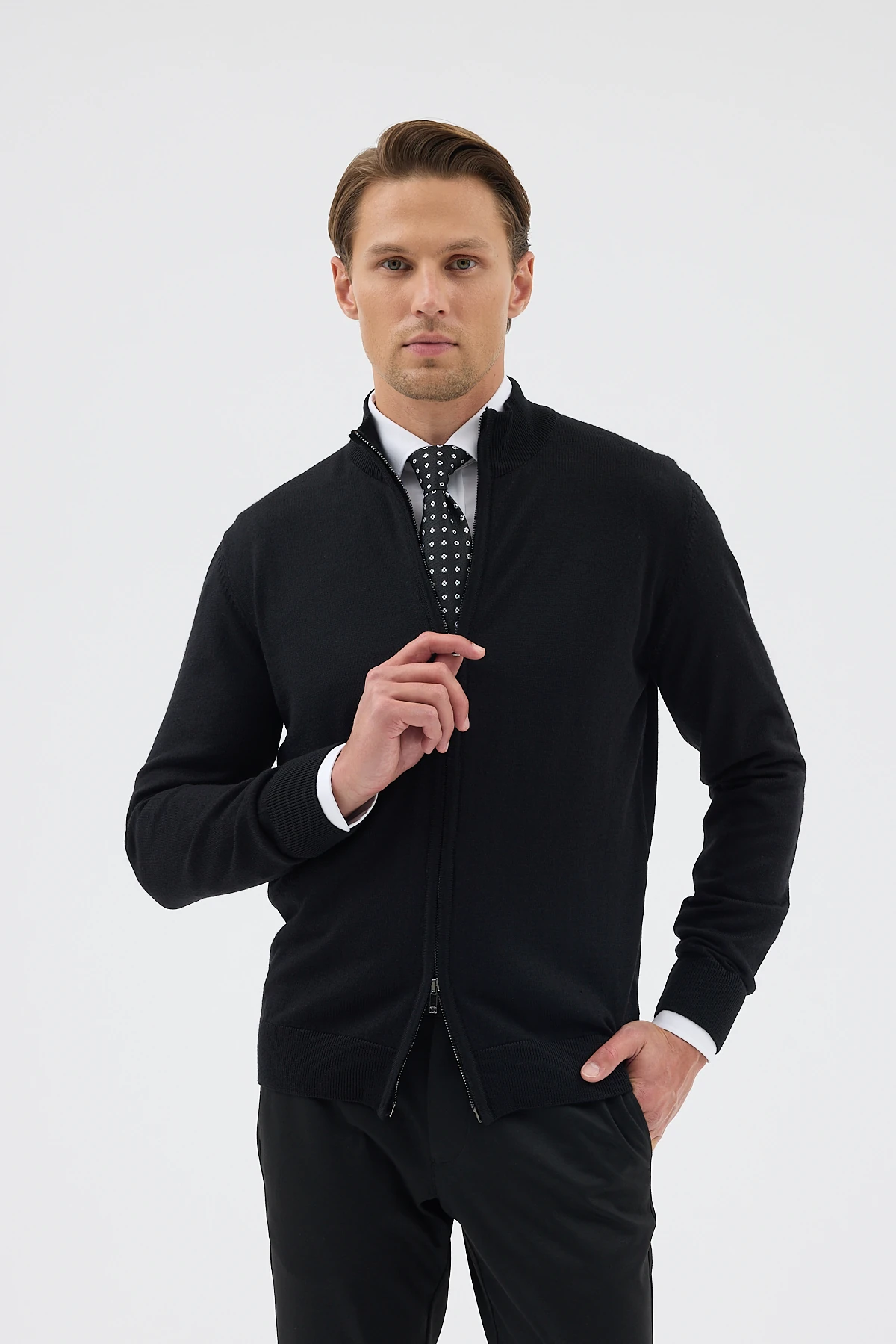 Çift Fermuarlı Yünlü Triko Hırka - Siyah