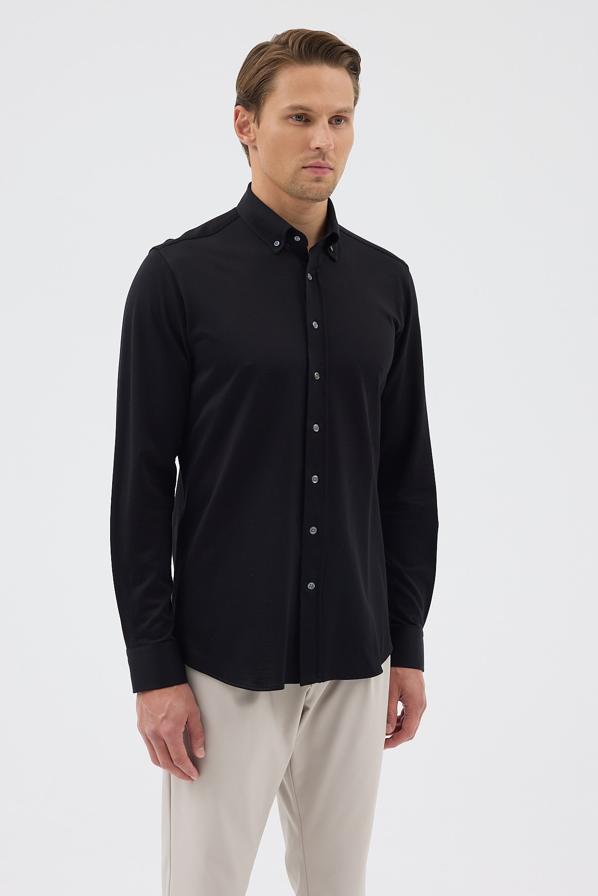 Örme %100 Pamuk Comfort Fit Erkek Gömlek - Siyah
