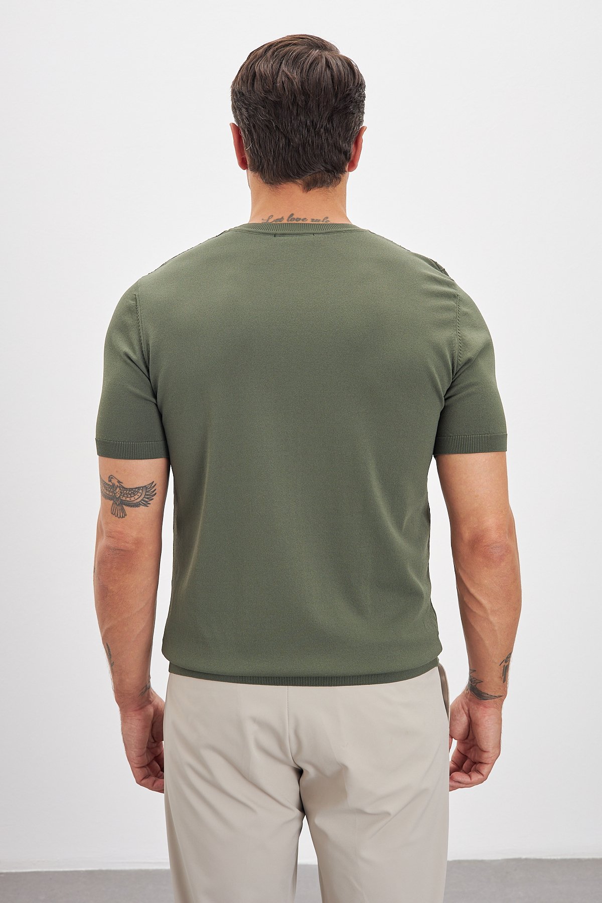 Çizgili Desenli Bisiklet Yaka Triko Erkek T-Shirt - Haki