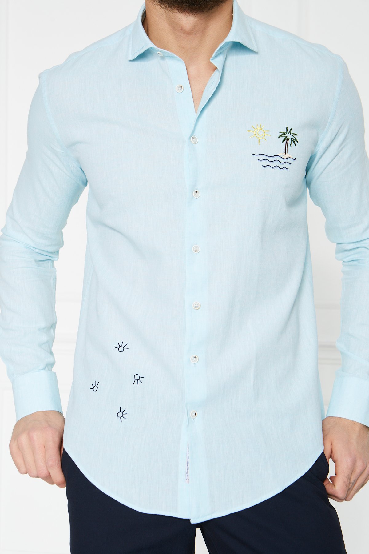 Keten Nakışlı Slim Fit Gömlek - Turkuaz