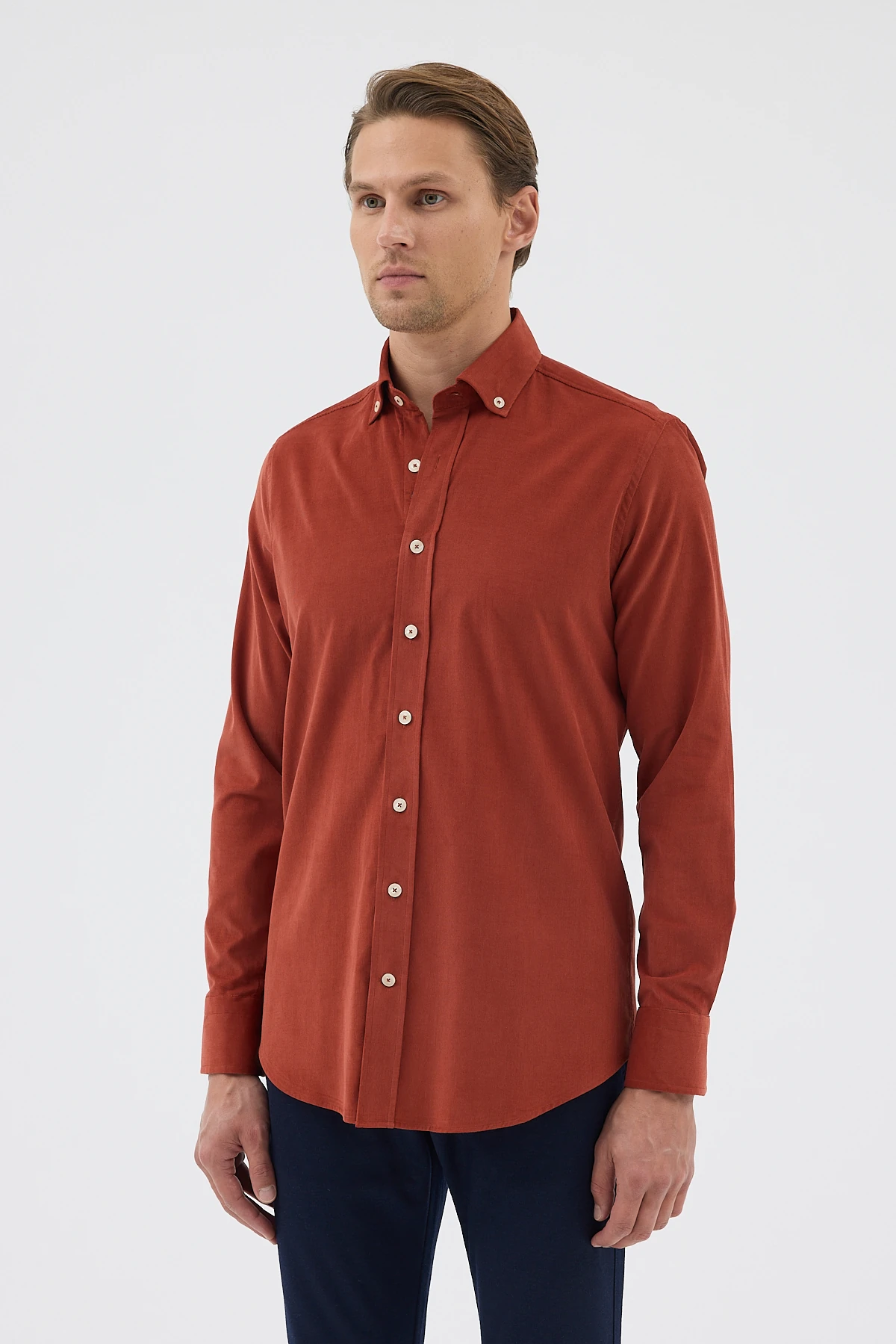 Kadife Yaka Düğmeli %100 Pamuk Comfort Fit Erkek Gömlek - Kiremit
