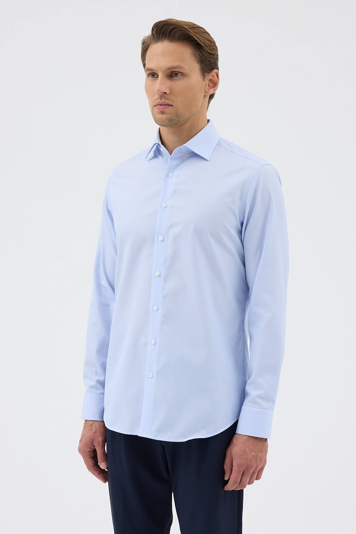 Non Iron Beyaz Lacivert Çizgili %100 Pamuk Comfort Fit Gömlek