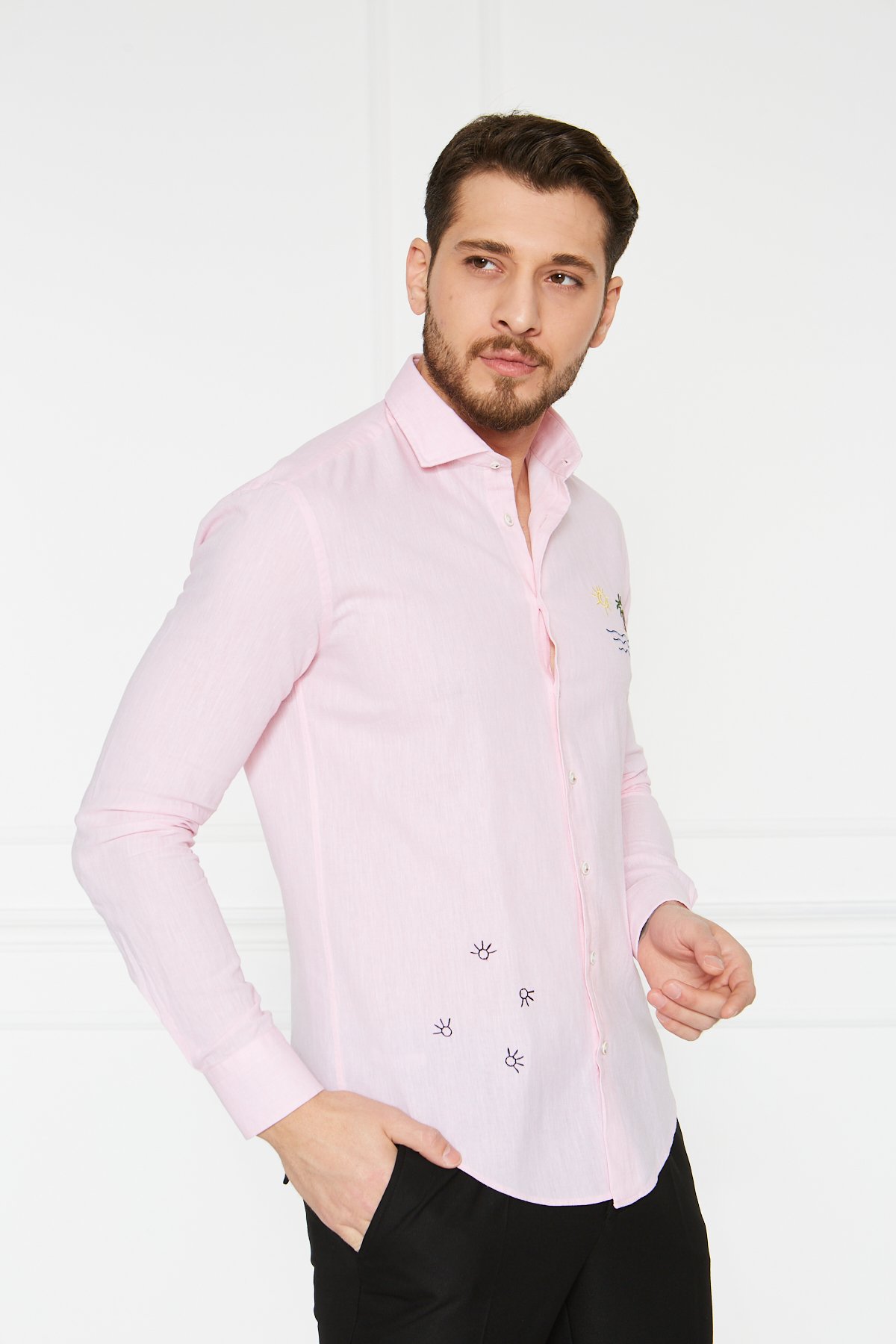 Keten Nakışlı Slim Fit Gömlek - Pembe