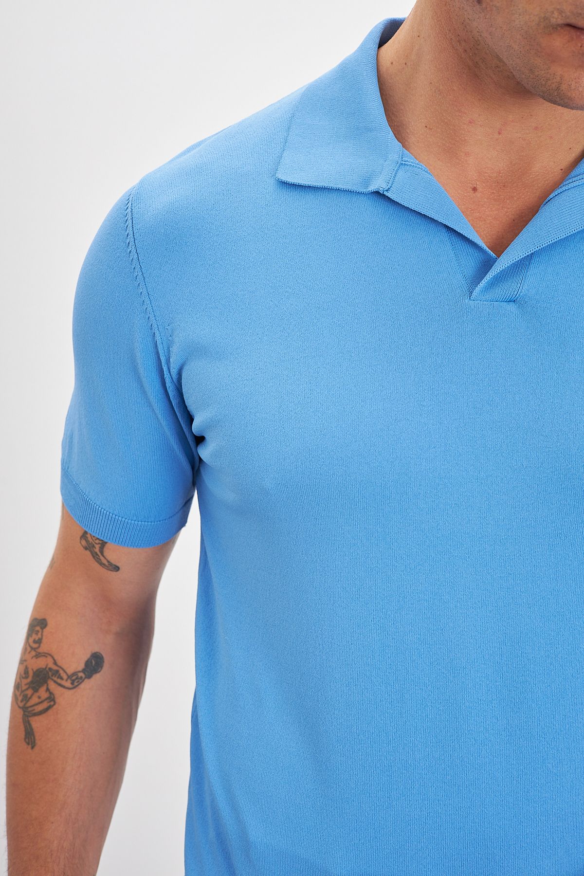 Polo Yaka Patlı Triko Erkek T-Shirt - Mavi