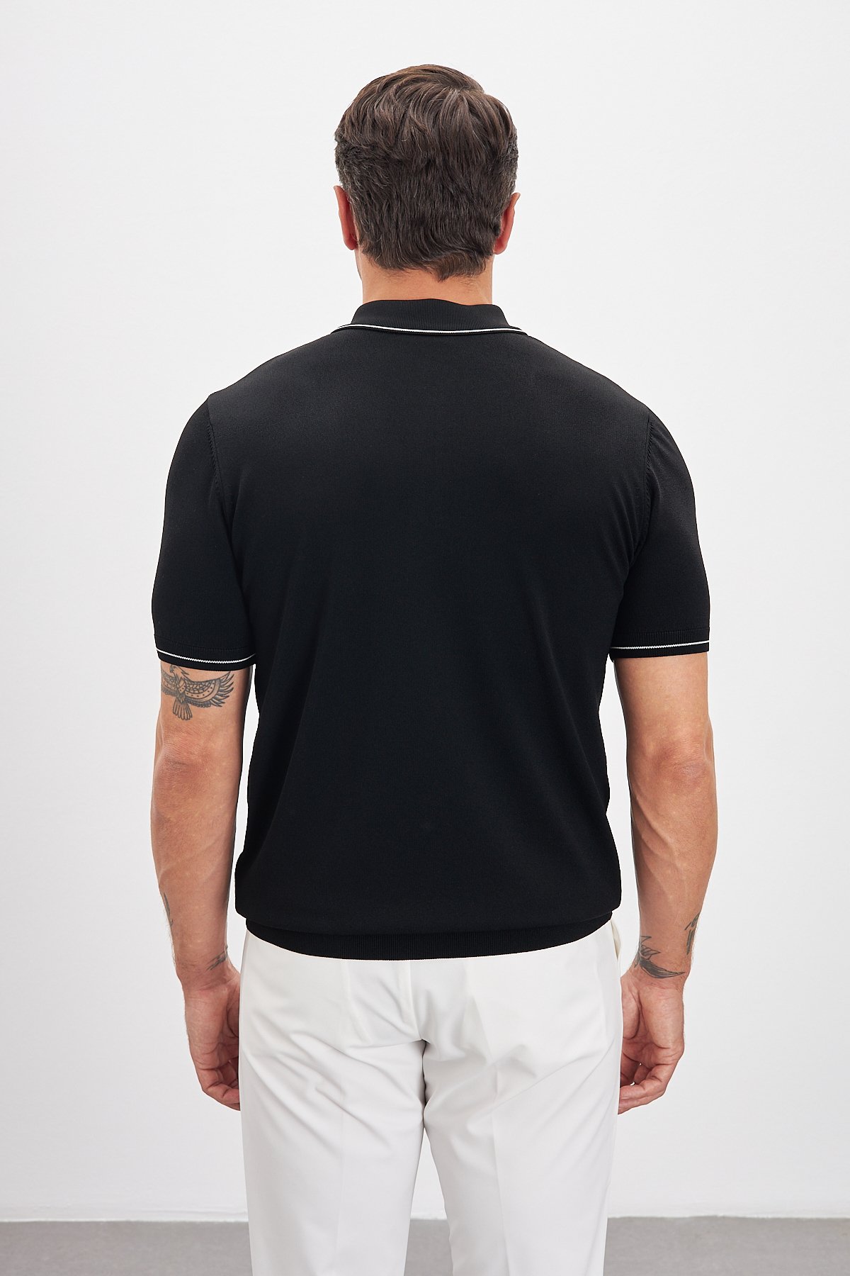 Polo Yaka Fermuarlı Triko Erkek T-Shirt - Siyah