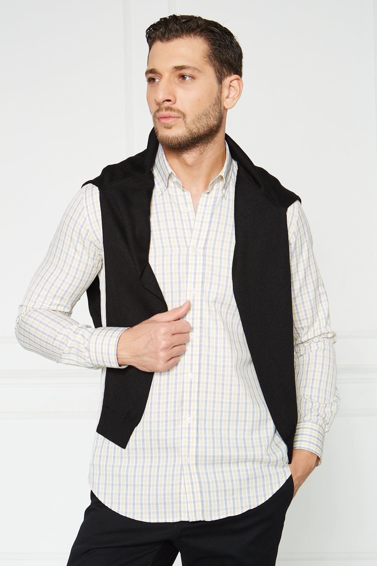 Yaka Düğmeli Slim Fit Klasik Gömlek - Beyaz-Kahve