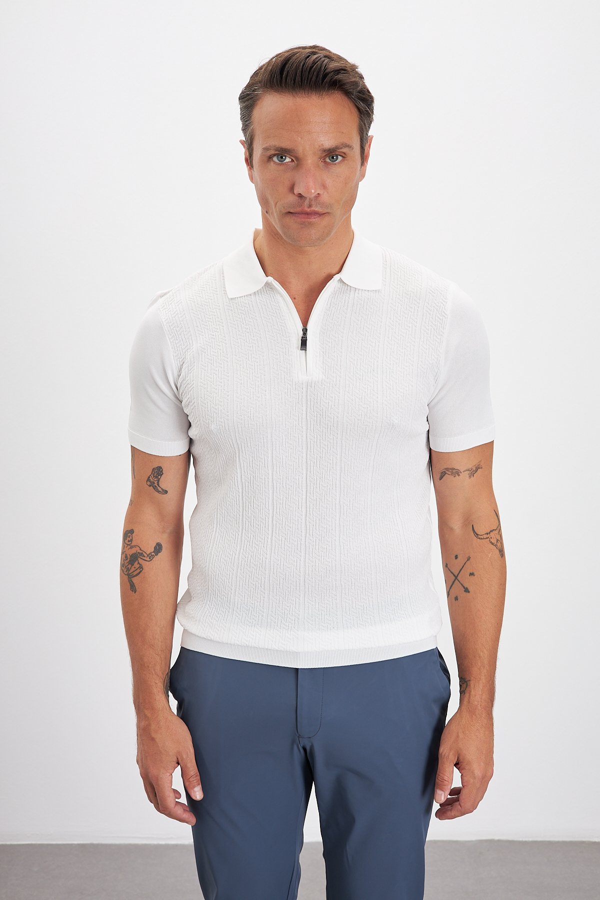 Desenli Fermuarlı Polo Yaka Triko Erkek T-shirt - Beyaz