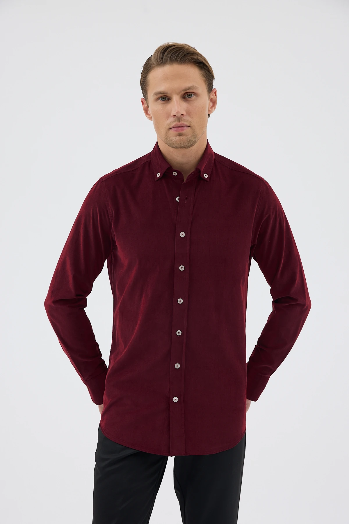 Kadife Yaka Düğmeli %100 Pamuk Comfort Fit Erkek Gömlek - Bordo