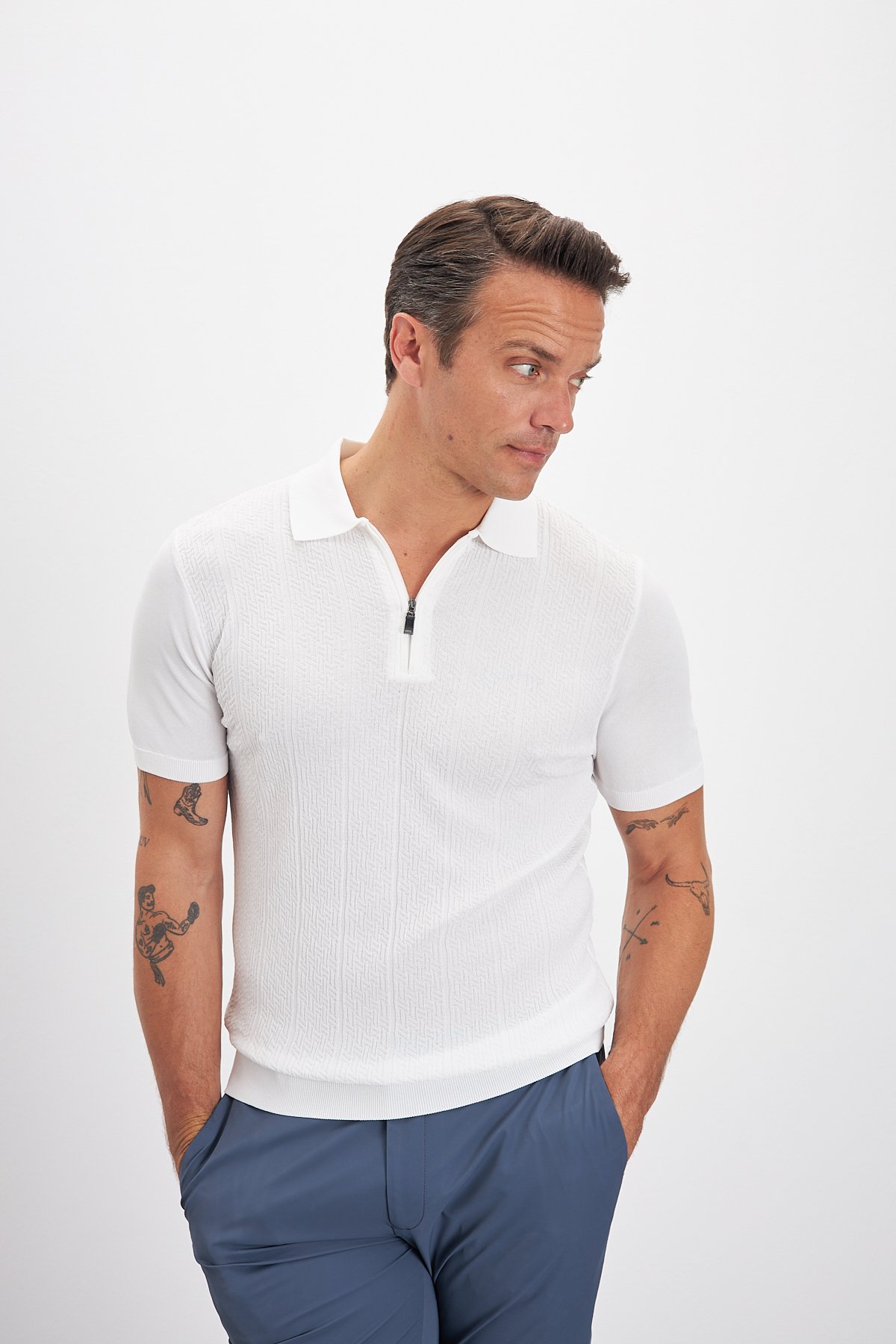 Desenli Fermuarlı Polo Yaka Triko Erkek T-shirt - Beyaz