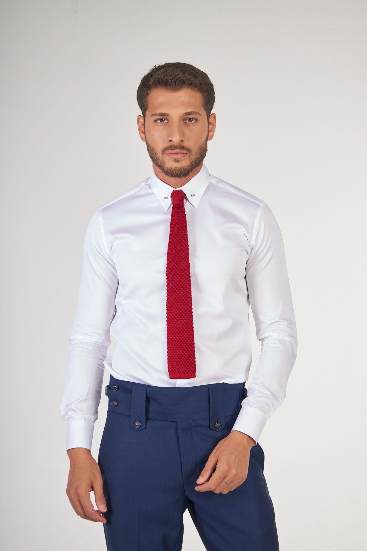 Yaka İğneli Slim Fit Gömlek - Beyaz