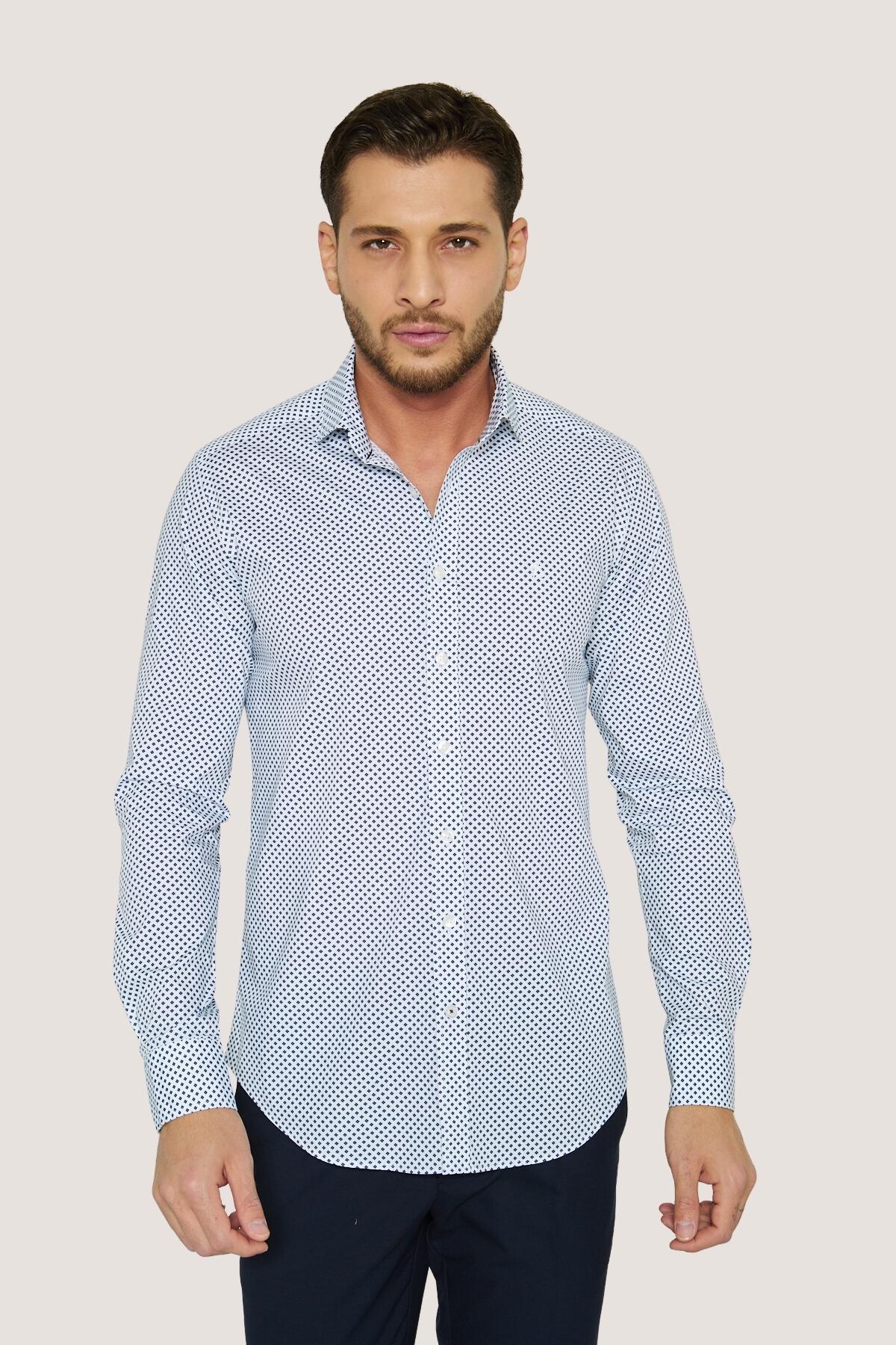 Desenli Nakışlı Slim Fit Gömlek - Beyaz-Lacivert