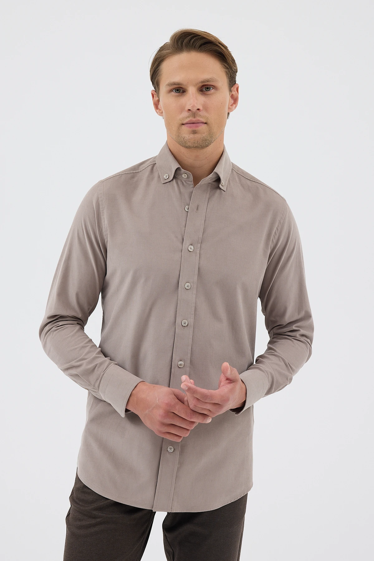 Kadife Yaka Düğmeli %100 Pamuk Comfort Fit Erkek Gömlek - Gri