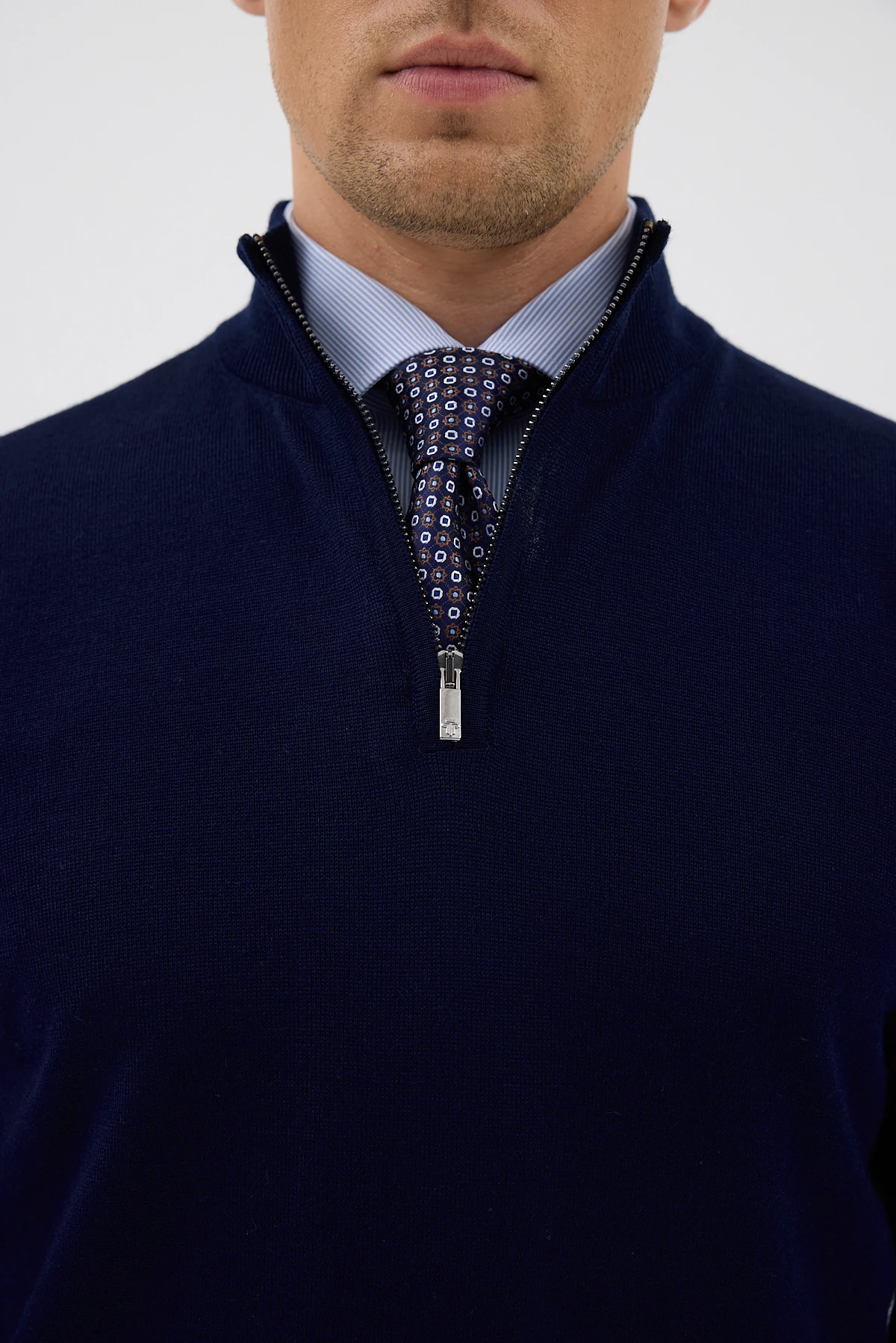 Yarım Balıkçı Fermuarlı Yünlü Triko Kazak - Lacivert