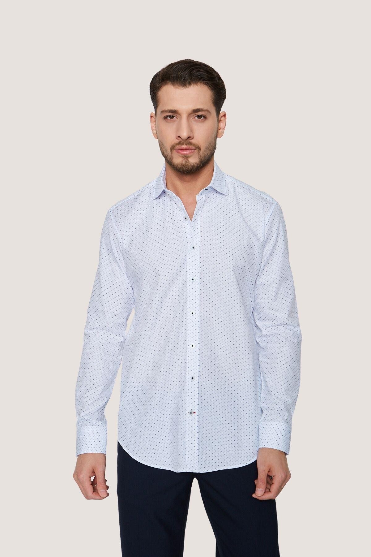 Klasik Desenli Slim Fit Gömlek - Beyaz-Koyu Mavi