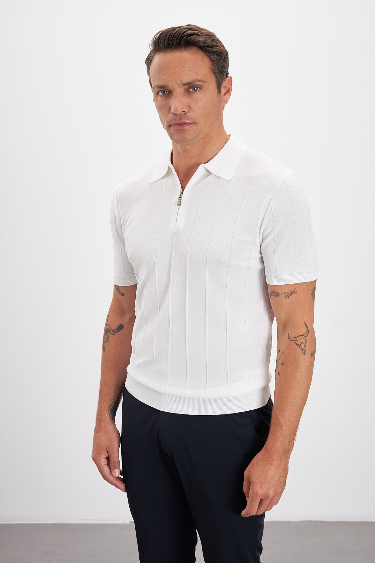 Fermuarlı Polo Yaka Çizgi Desenli Triko Erkek T-Shirt