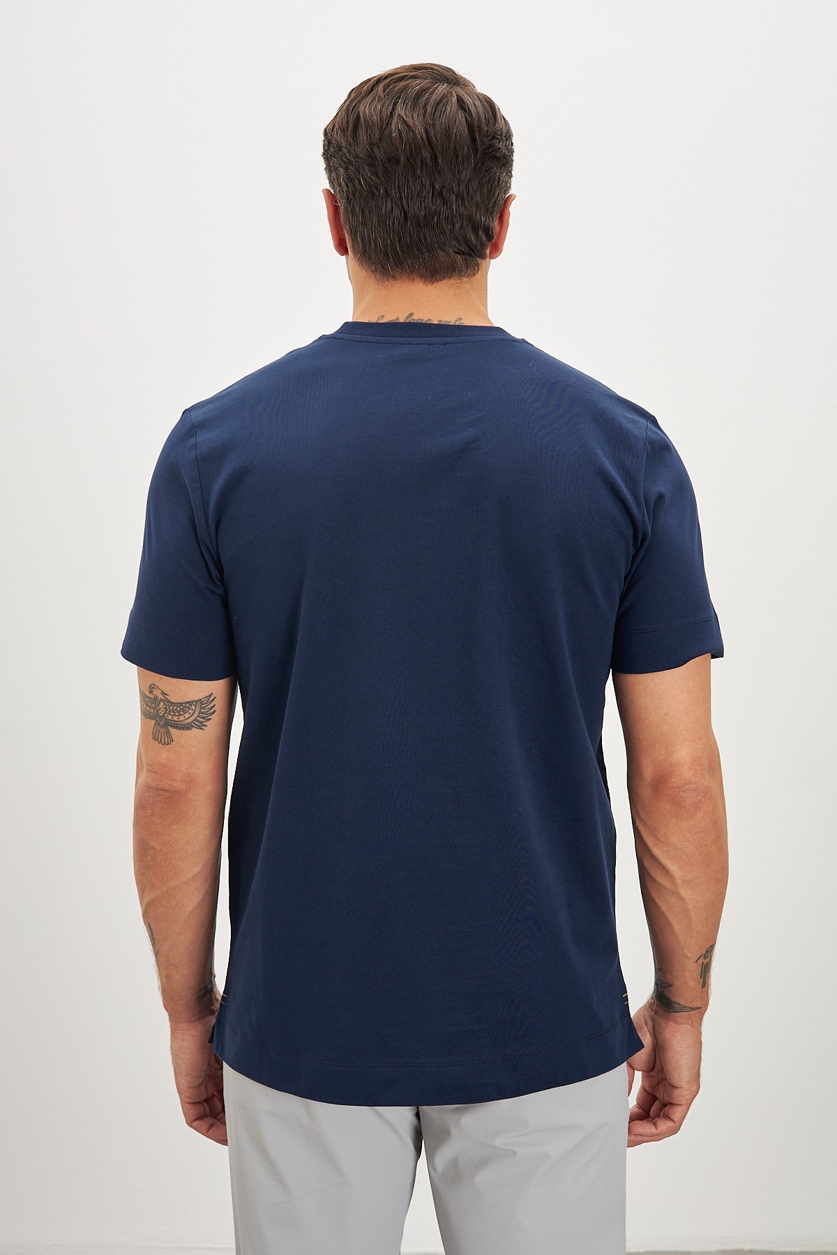 Bisiklet Yaka Basic %100 Pamuk Comfort Fit Logo Baskılı Erkek T-Shirt - Lacivert