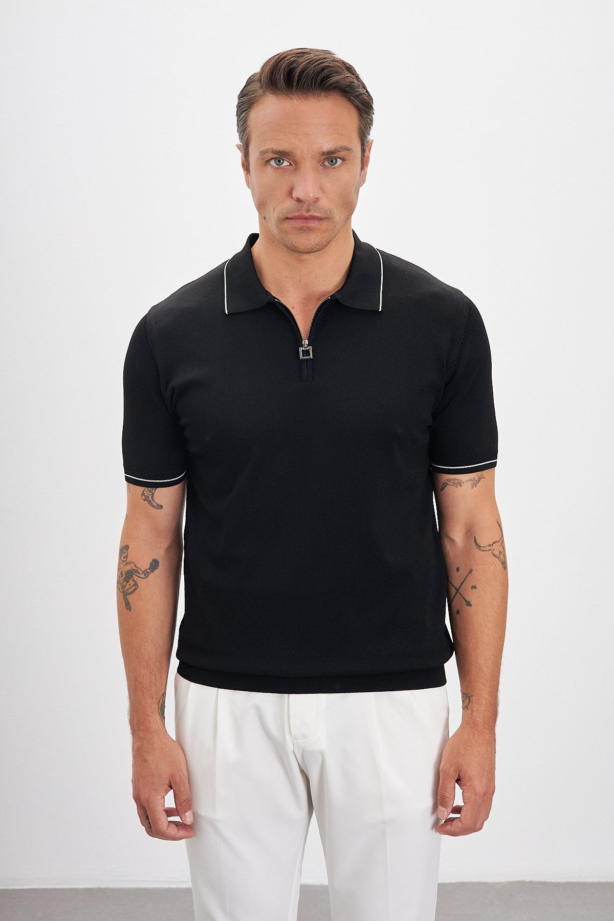 Polo Yaka Fermuarlı Triko Erkek T-Shirt - Siyah