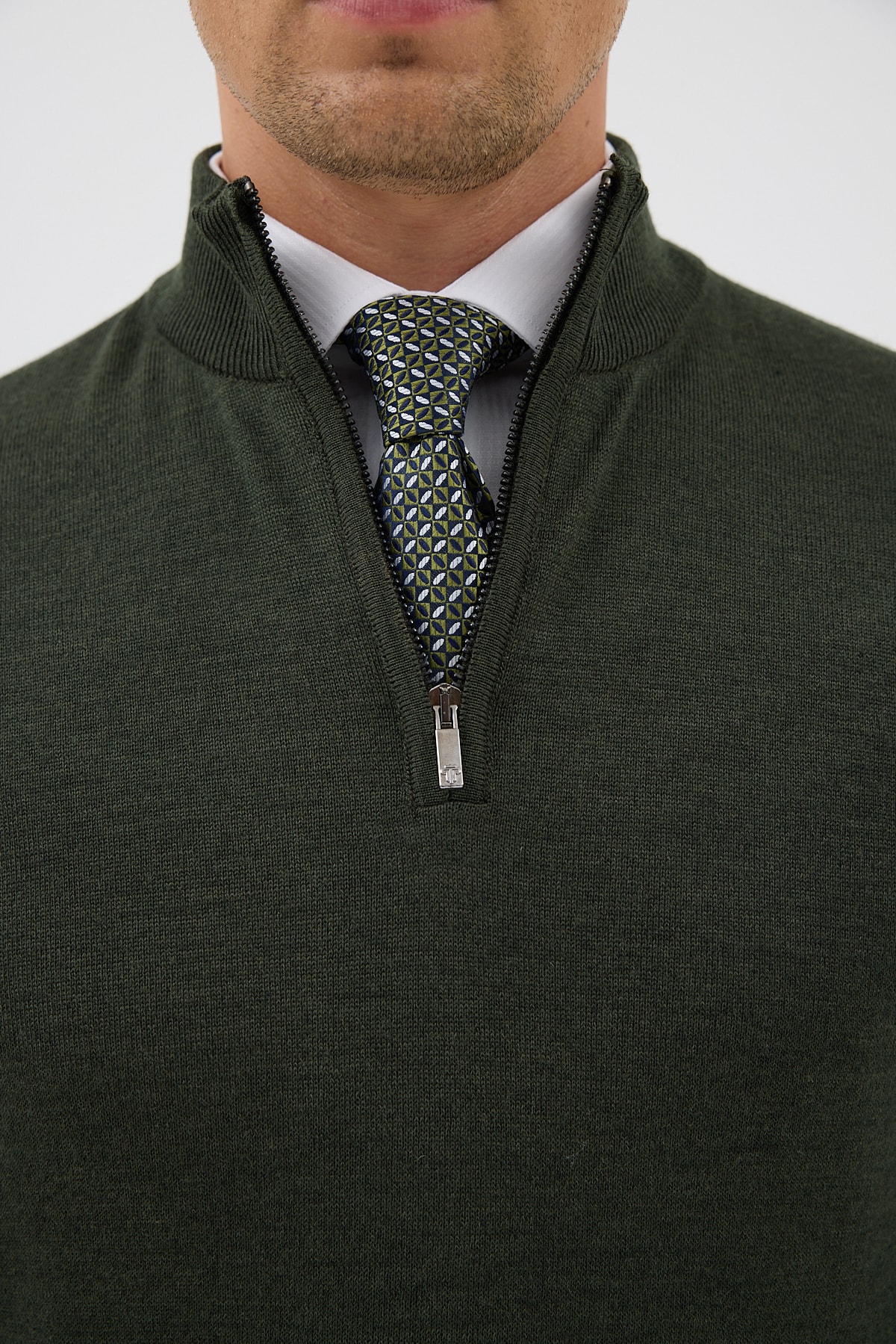 Yarım Balıkçı Fermuarlı Yünlü Triko Kazak - Haki