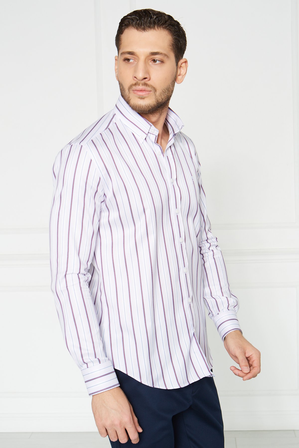 Yaka Düğmeli Slim Fit Klasik Gömlek - Lila