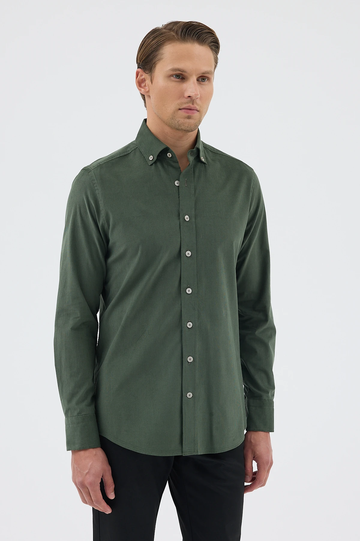 Kadife Yaka Düğmeli %100 Pamuk Comfort Fit Erkek Gömlek - Haki