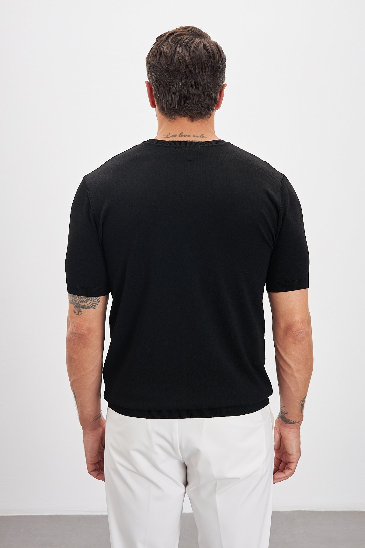 Çizgili Desenli Bisiklet Yaka Triko Erkek T-Shirt - Siyah