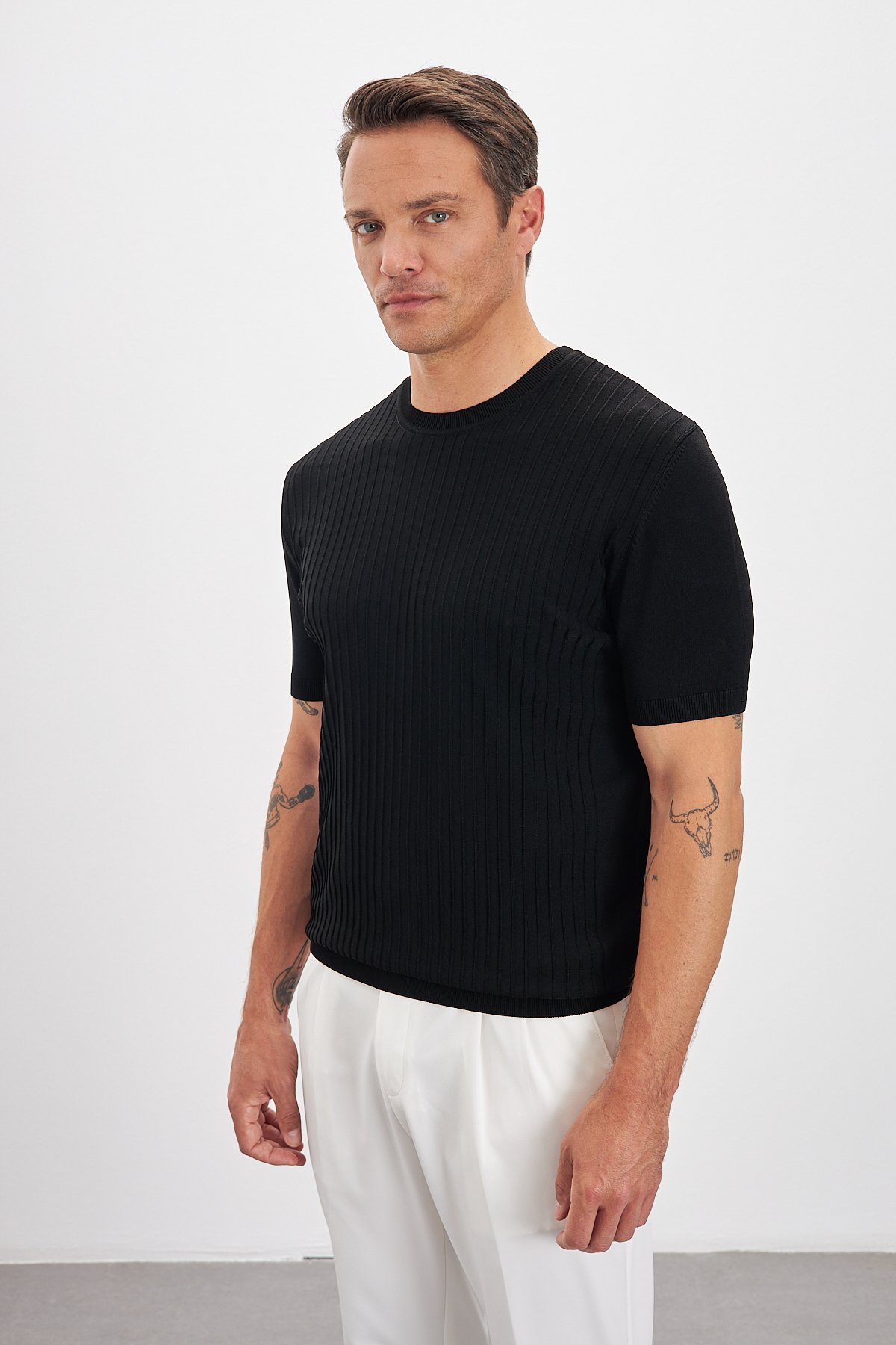 Çizgili Desenli Bisiklet Yaka Triko Erkek T-Shirt - Siyah