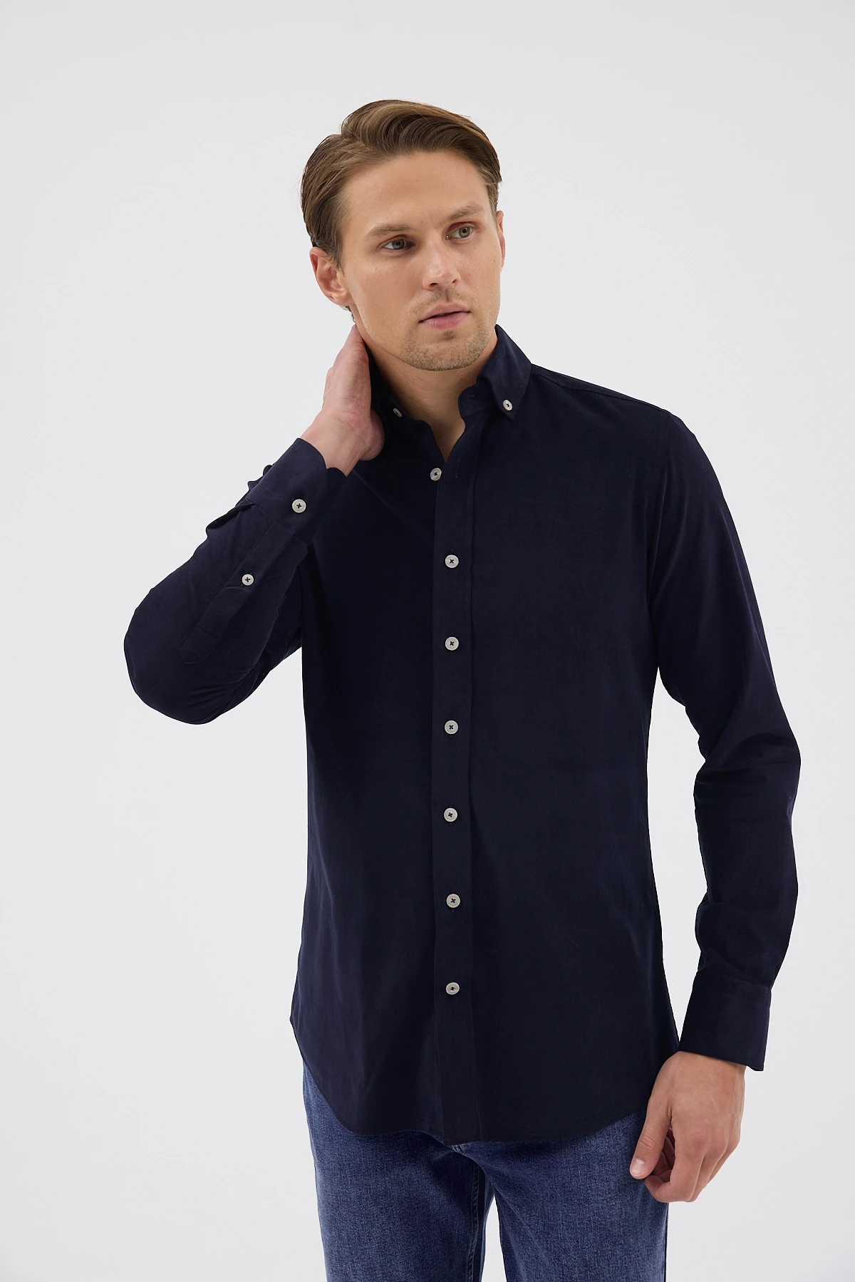 Kadife Yaka Düğmeli %100 Pamuk Comfort Fit Erkek Gömlek - Lacivert