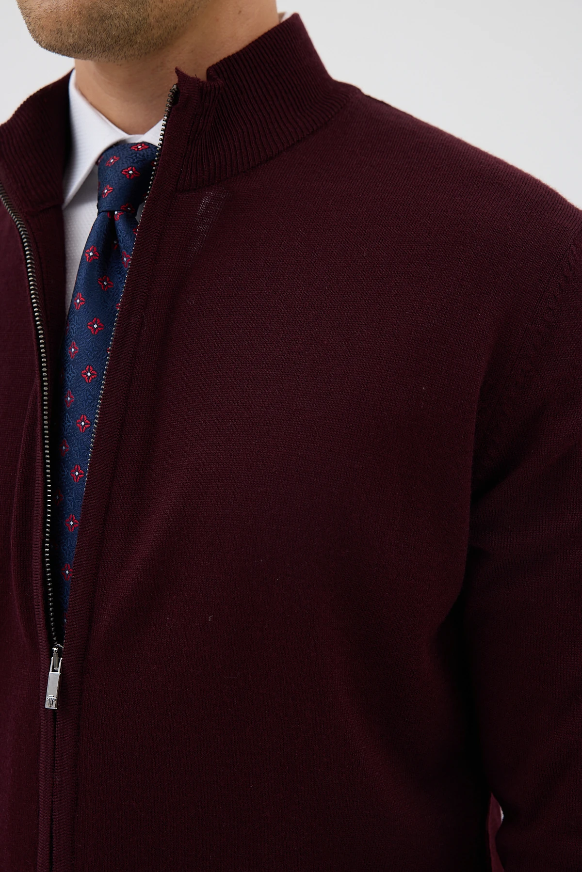 Çift Fermuarlı Yünlü Triko Hırka - Bordo