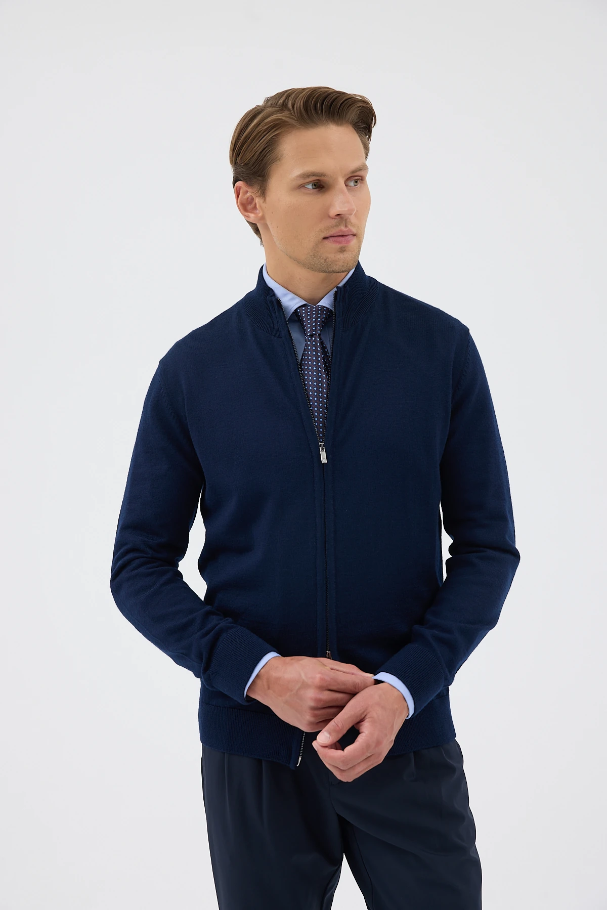 Çift Fermuarlı Yünlü Triko Hırka - Lacivert