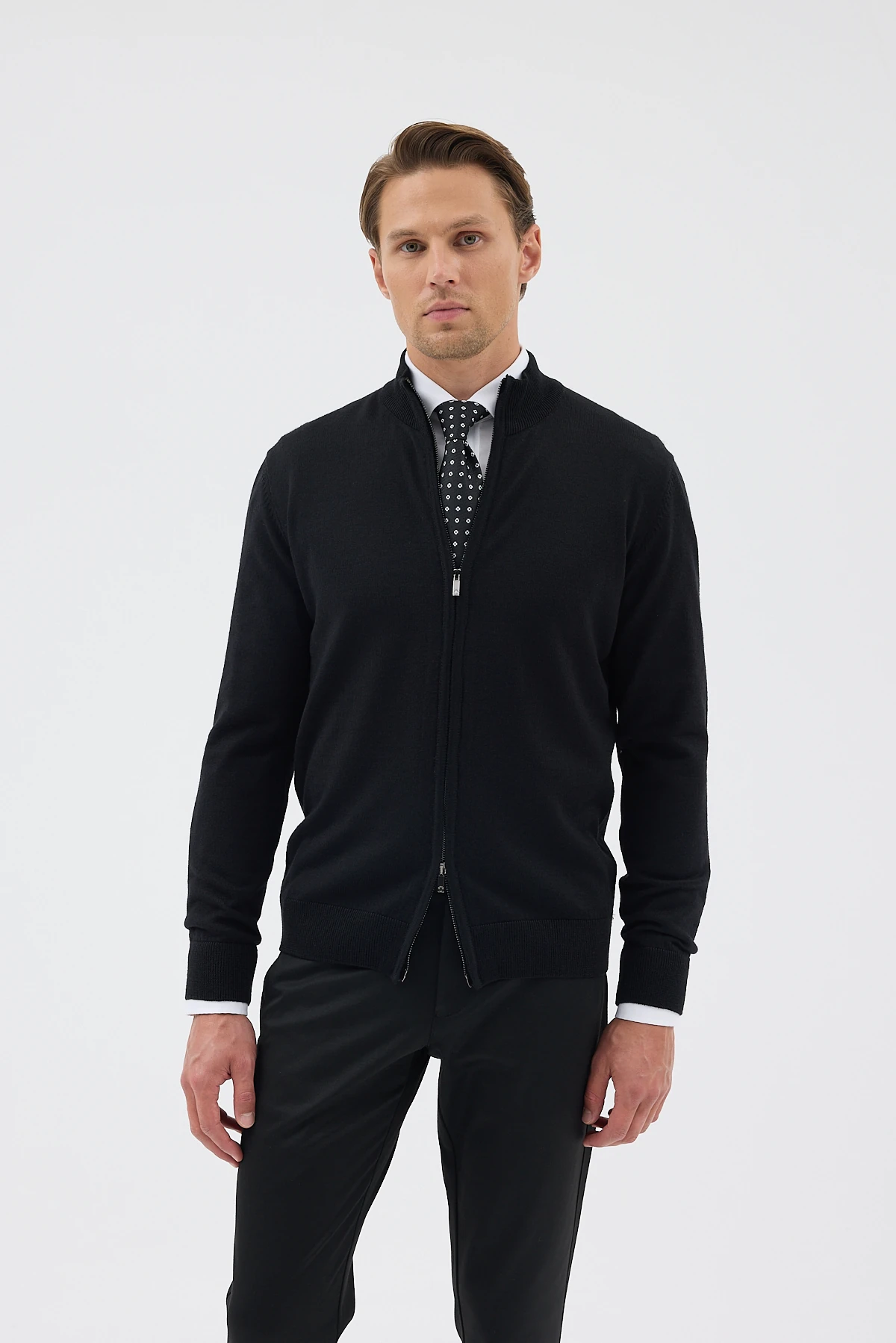 Çift Fermuarlı Yünlü Triko Hırka - Siyah