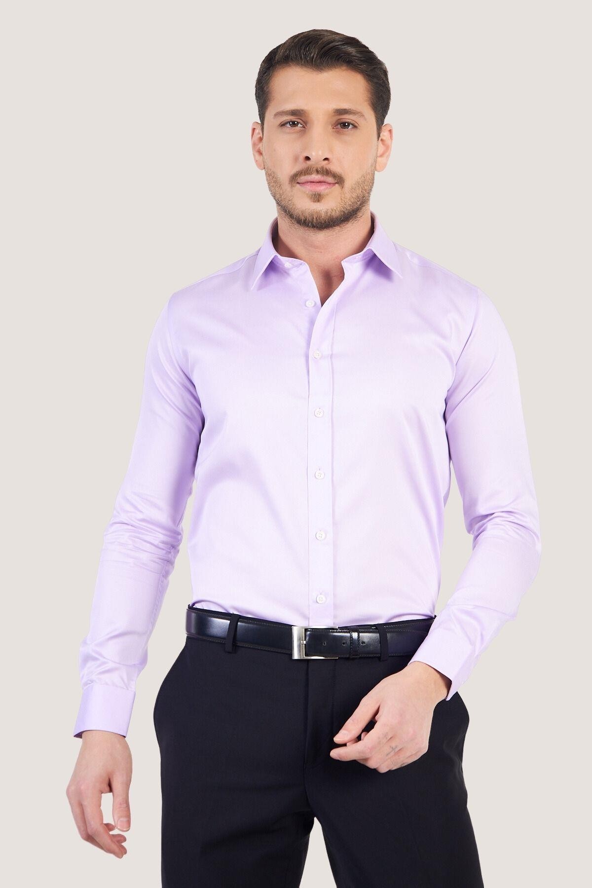 Klasik %100 Pamuk Slim Fit Gömlek - Mor