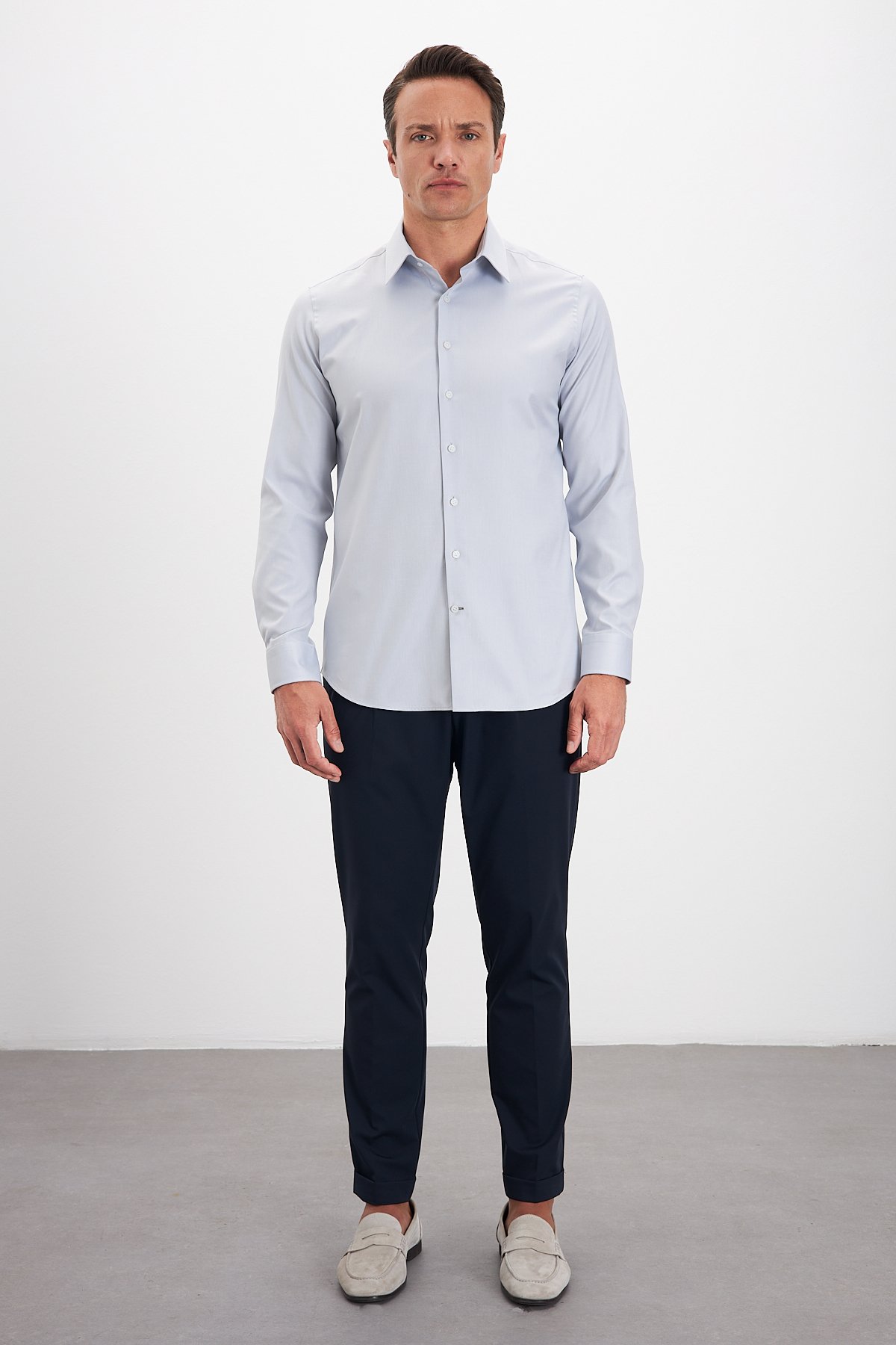 Comfort Fit %100 Pamuk Klasik Yaka Erkek Gömlek - Gri