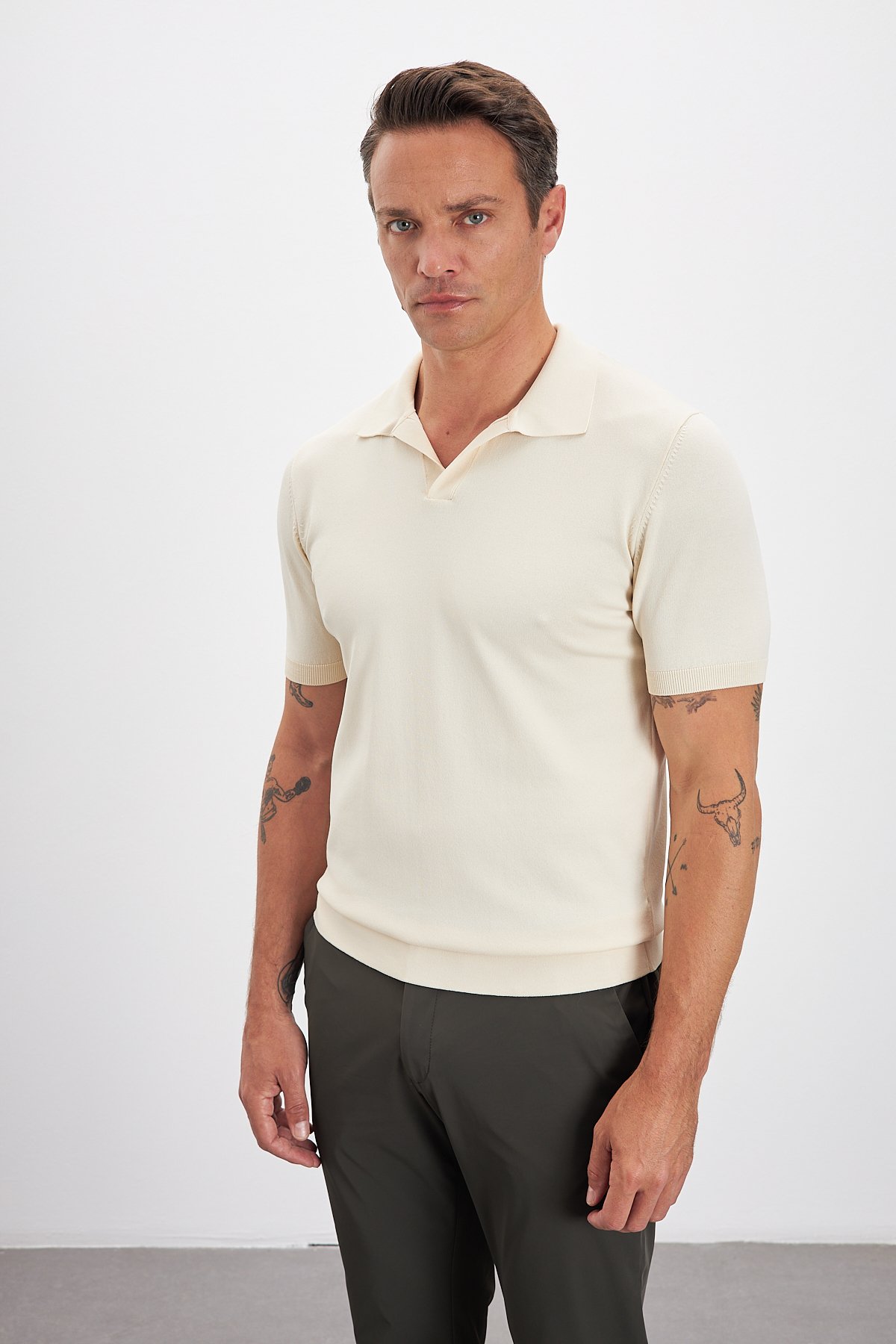 Polo Yaka Patlı Triko Erkek T-Shirt - Bej