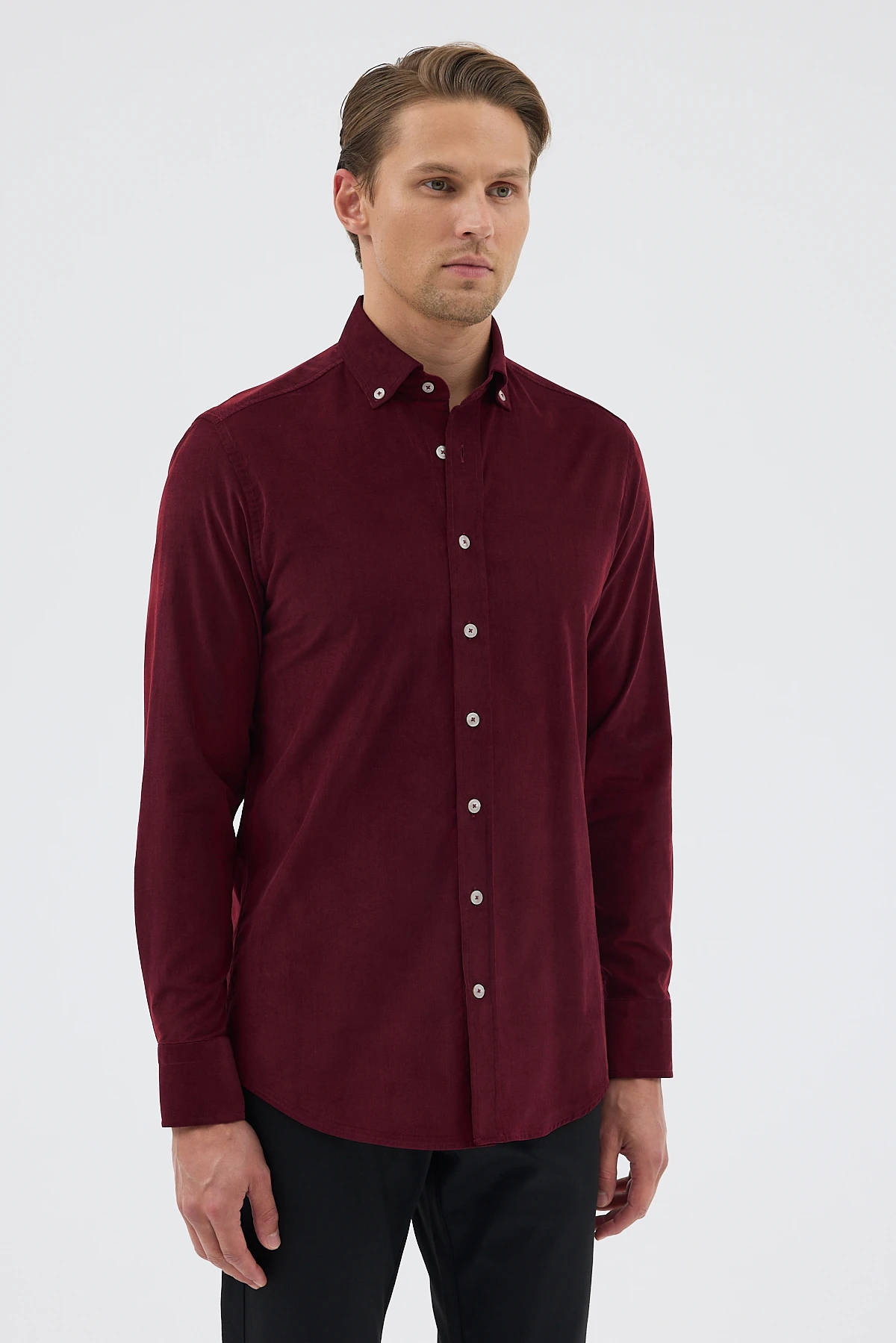 Kadife Yaka Düğmeli %100 Pamuk Comfort Fit Erkek Gömlek - Bordo
