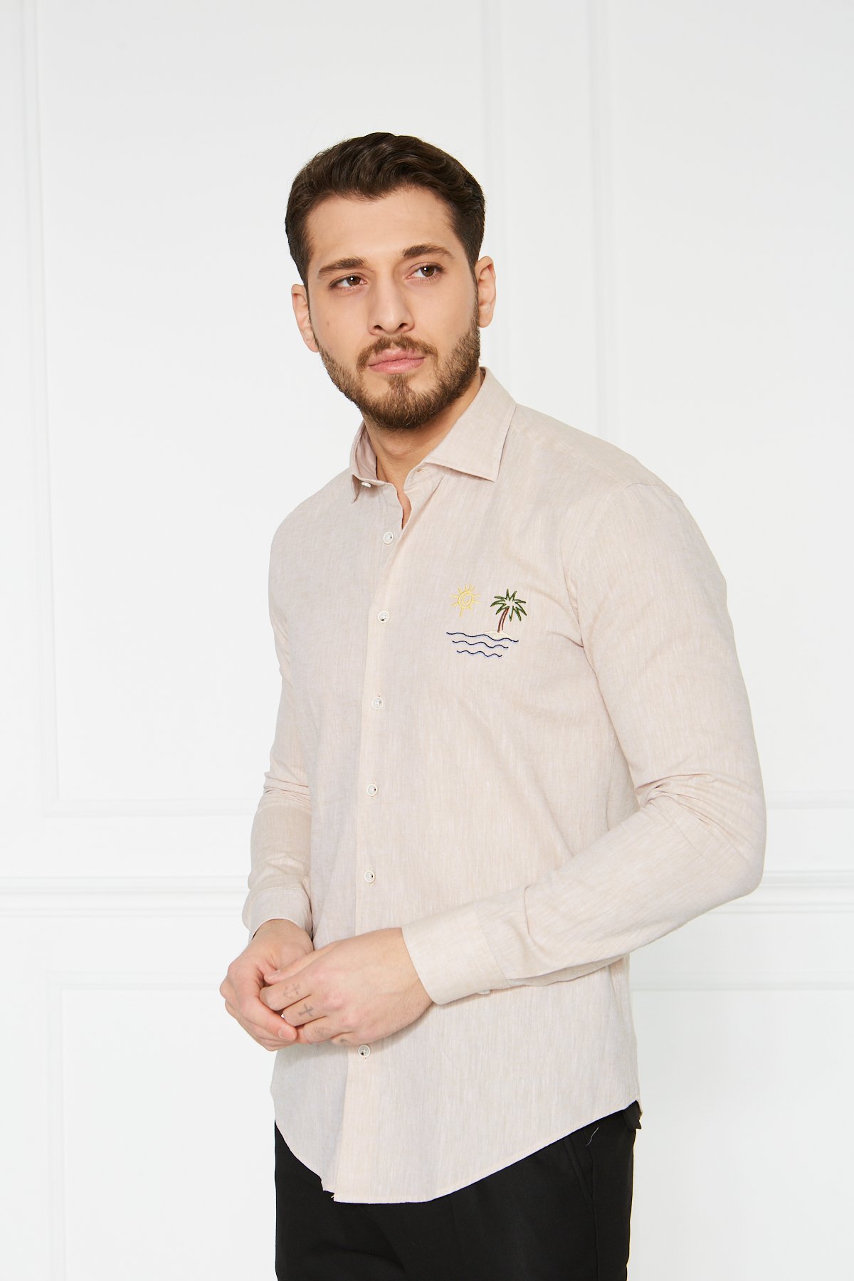 Keten Nakışlı Slim Fit Gömlek - Bej