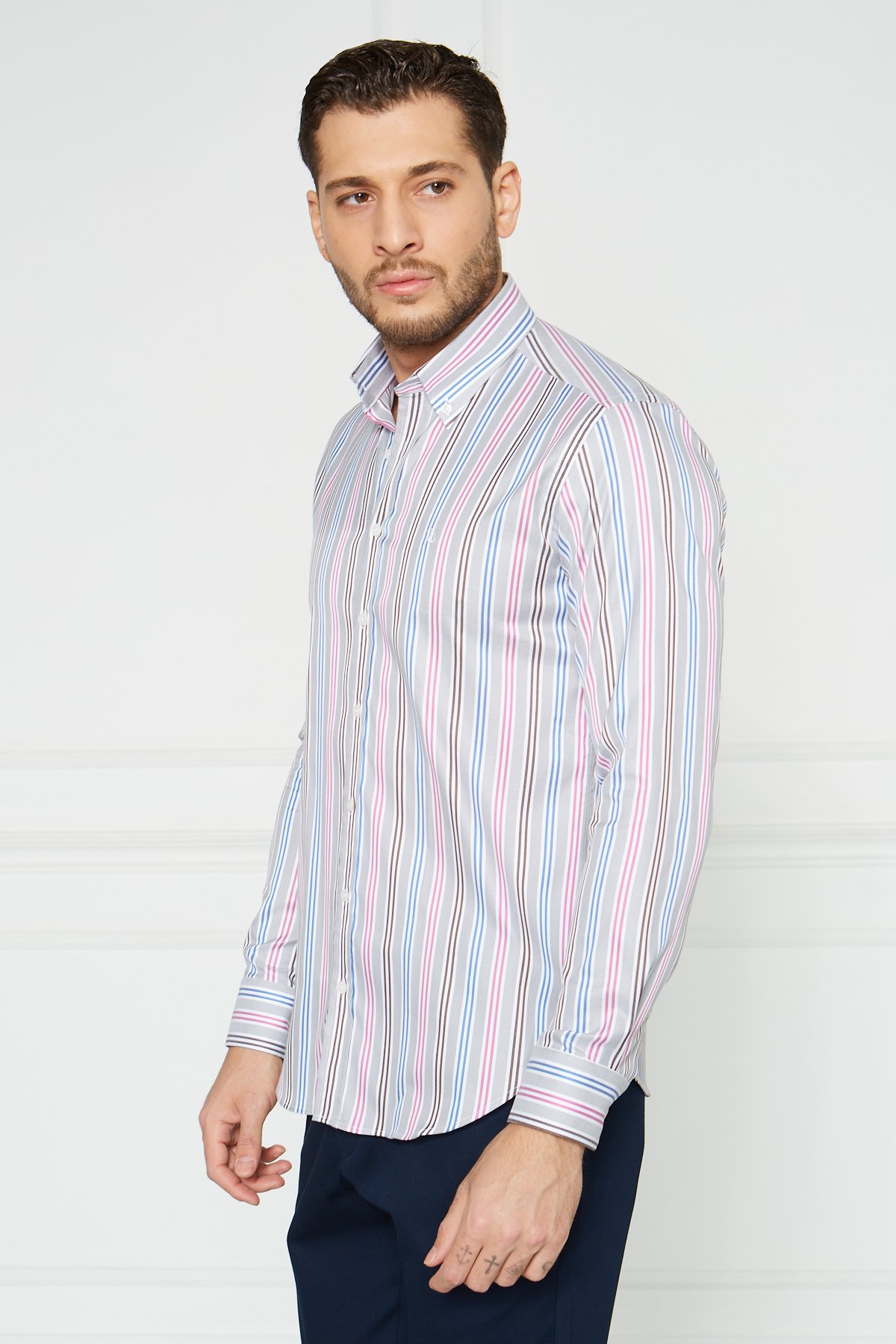 Yaka Düğmeli Slim Fit Klasik Gömlek - Gri