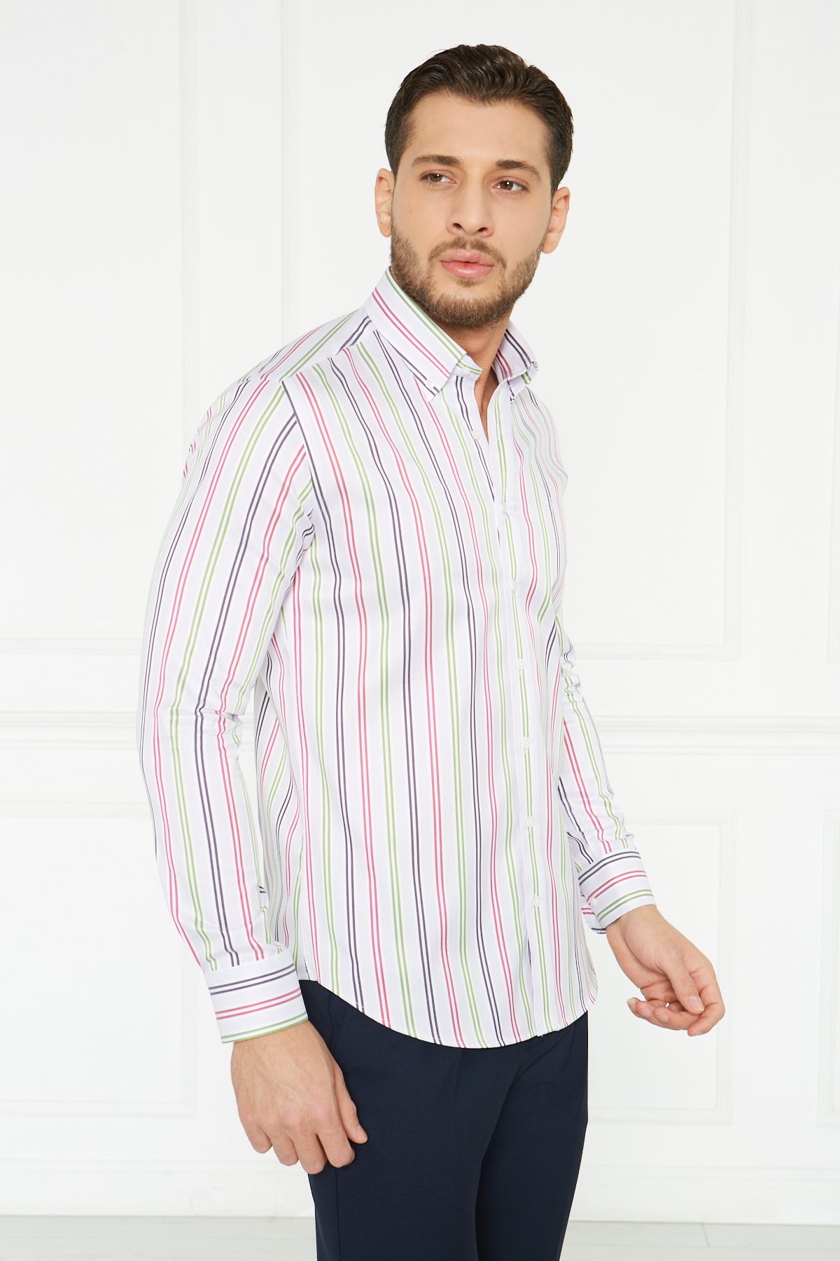Yaka Düğmeli Slim Fit Klasik Gömlek - Açık Pembe