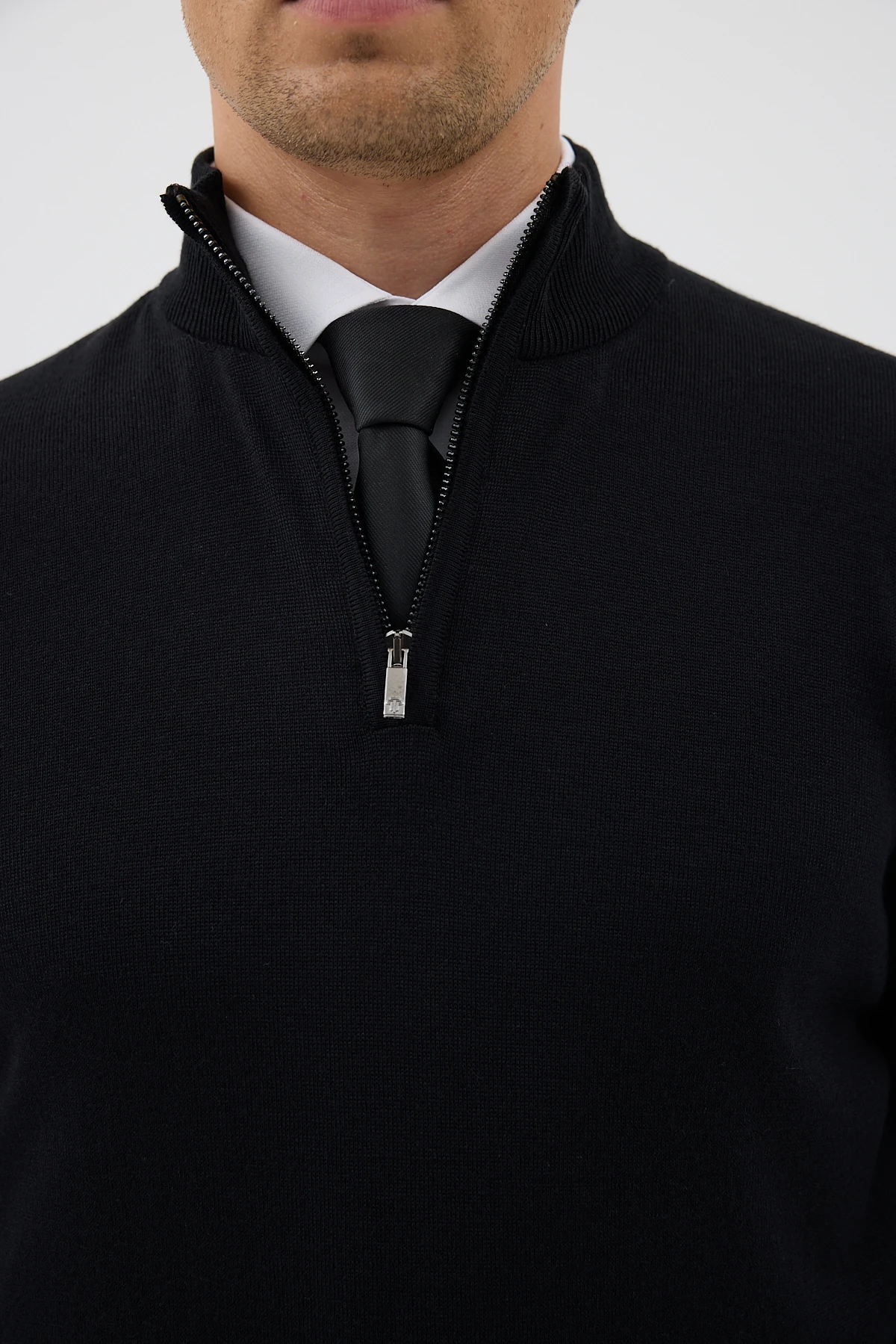 Yarım Balıkçı Fermuarlı Yünlü Triko Kazak - Siyah