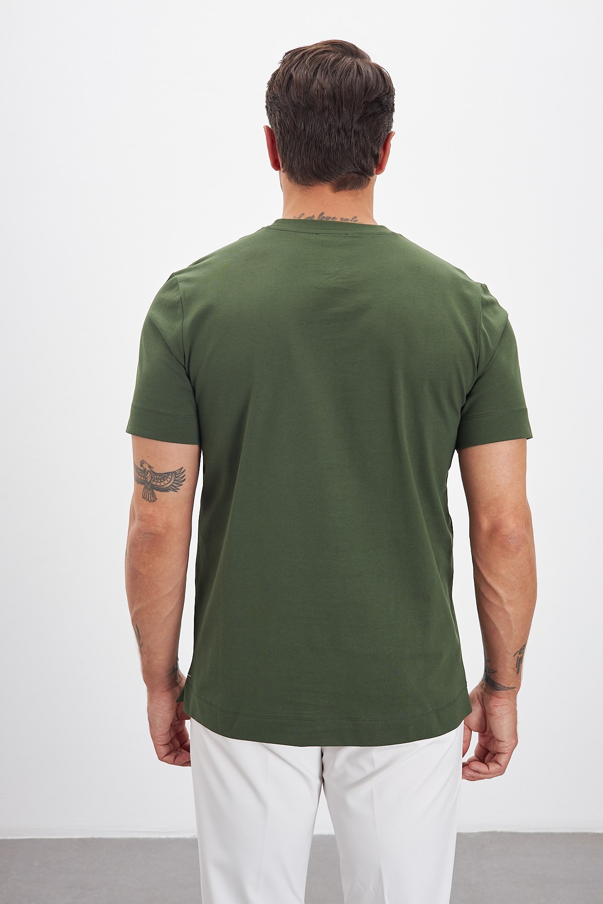 Bisiklet Yaka Basic %100 Pamuk Comfort Fit Logo Baskılı Erkek T-Shirt - Haki