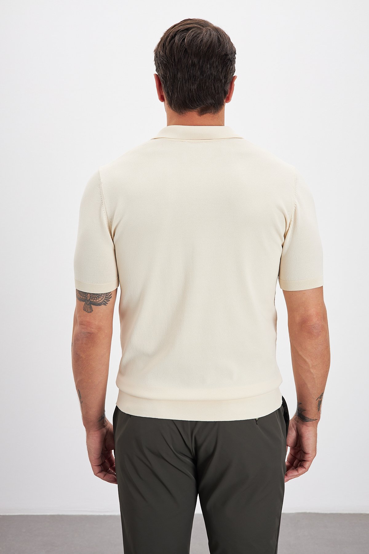 Polo Yaka Patlı Triko Erkek T-Shirt - Bej