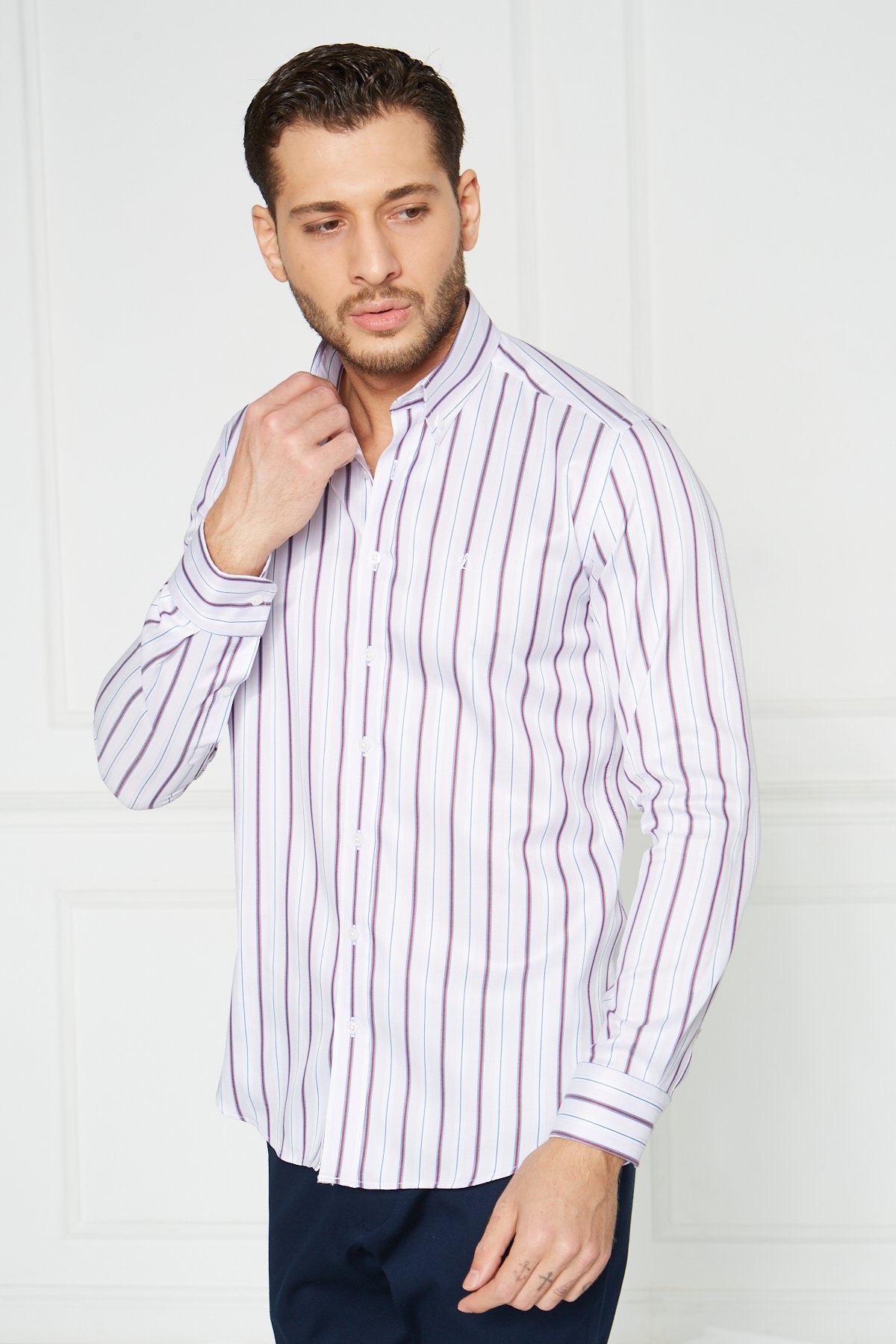 Yaka Düğmeli Slim Fit Klasik Gömlek - Lila