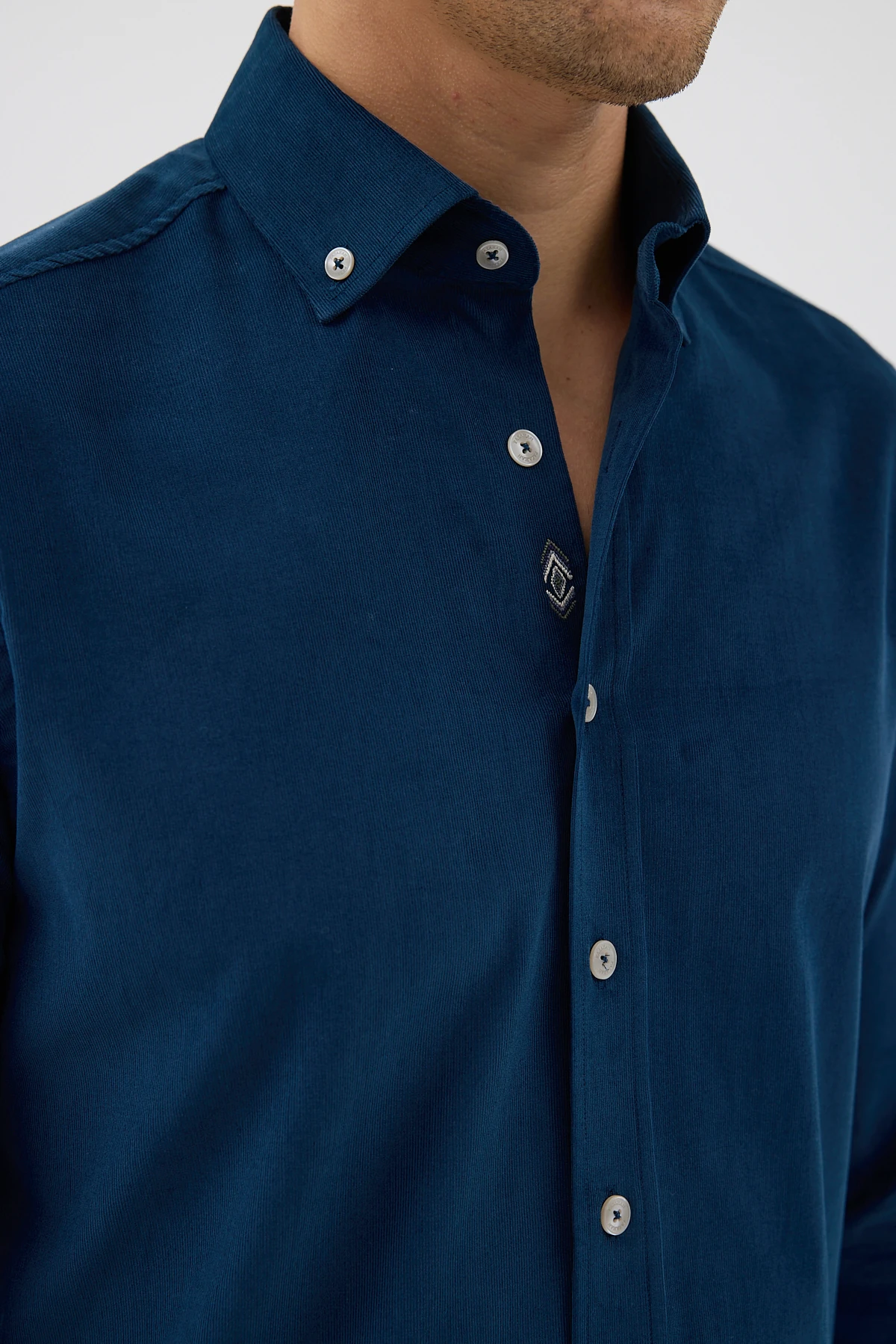 Kadife Yaka Düğmeli %100 Pamuk Comfort Fit Erkek Gömlek - Petrol