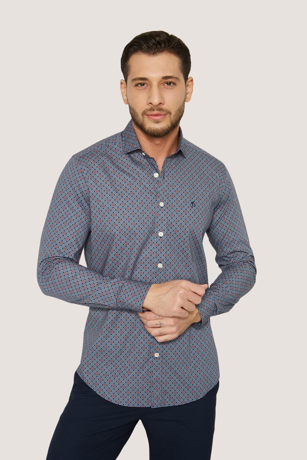 Desenli Nakışlı Slim Fit Gömlek - Lacivert-Bej