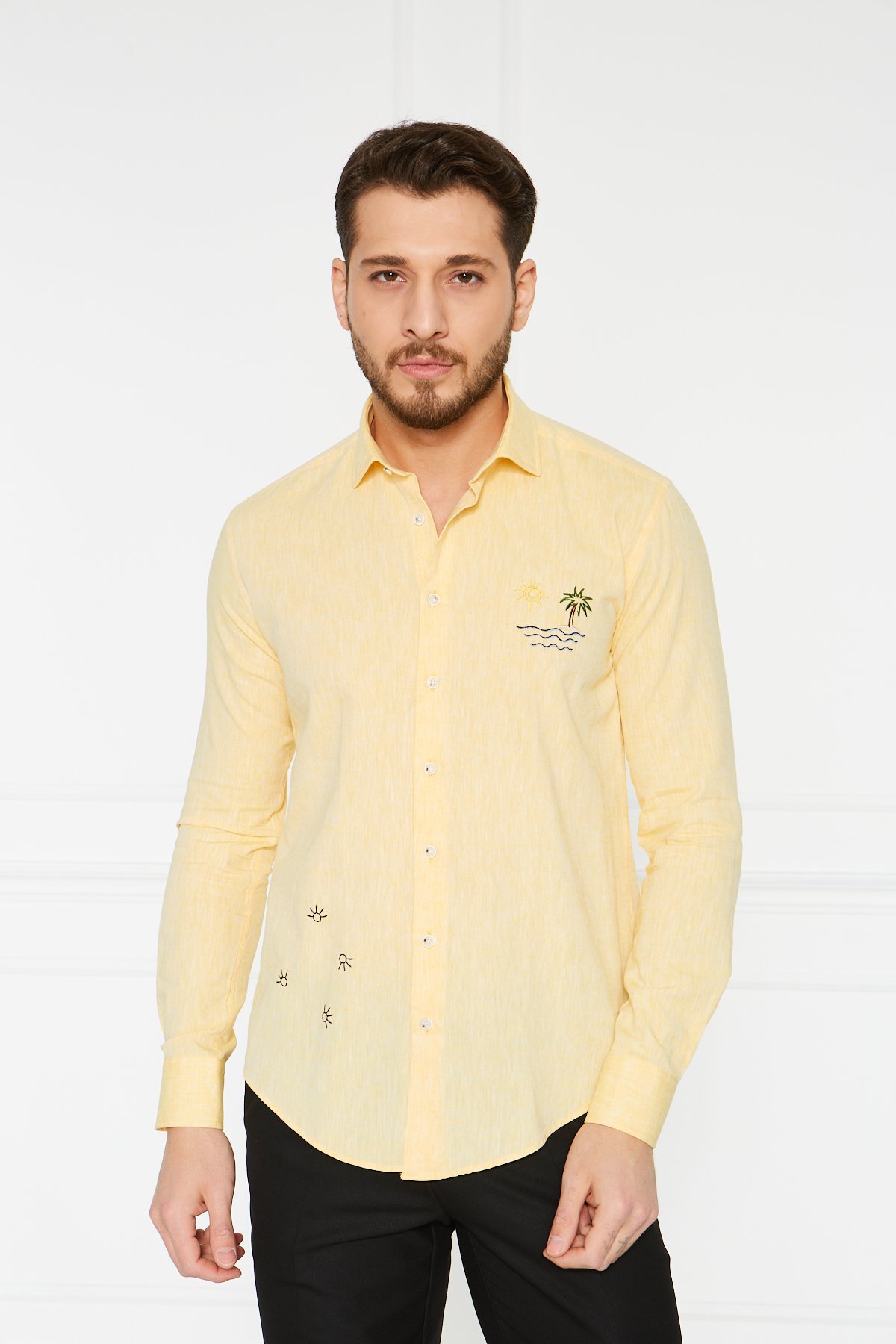Keten Nakışlı Slim Fit Gömlek - Sarı