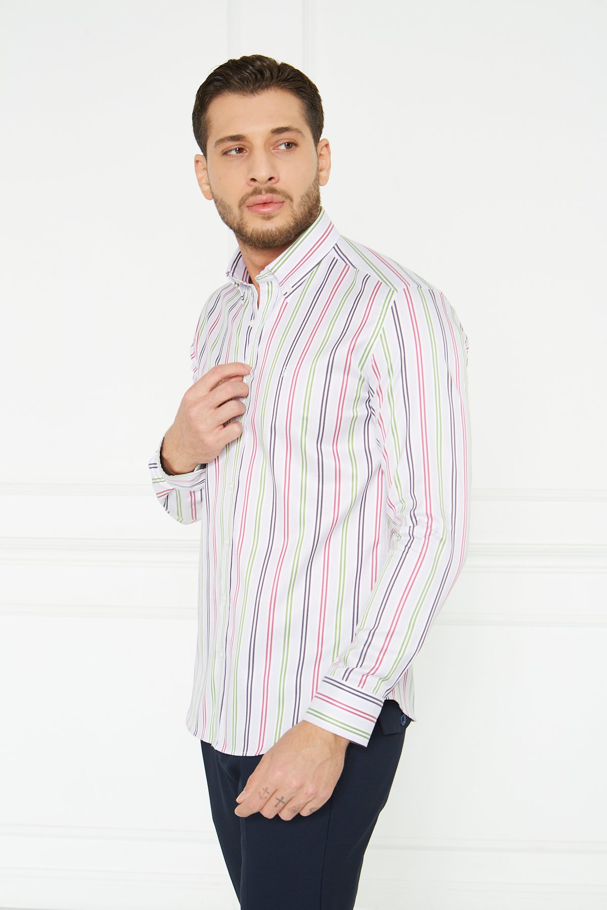 Yaka Düğmeli Slim Fit Klasik Gömlek - Açık Pembe
