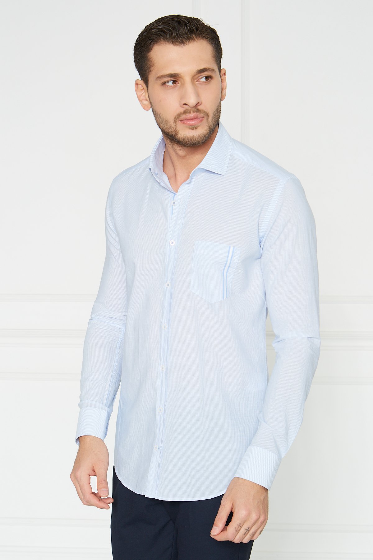 Çizgili Slim Fit Casual Gömlek - Mavi-Beyaz