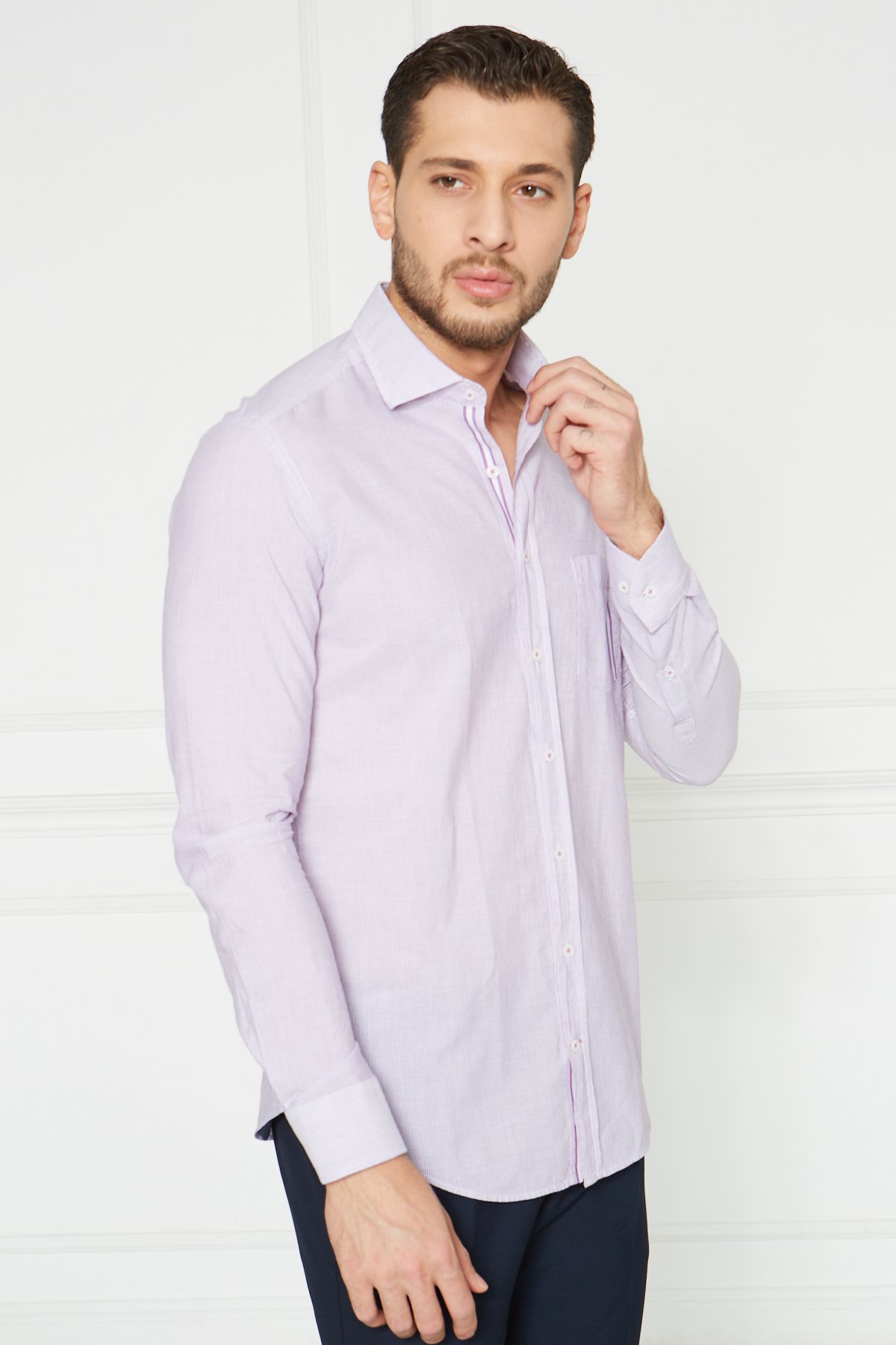 Çizgili Slim Fit Casual Gömlek - Mor-Beyaz