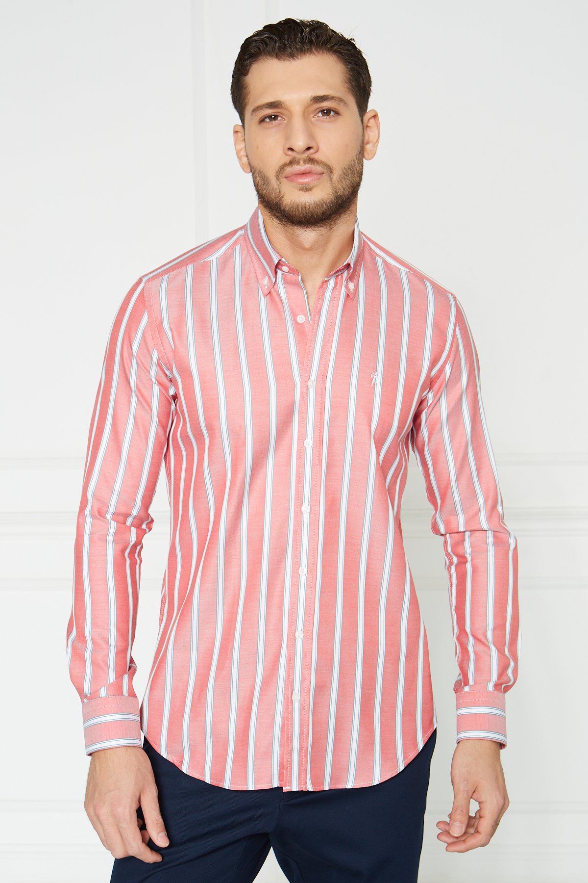Yaka Düğmeli Slim Fit Klasik Gömlek - Kırmızı-Beyaz
