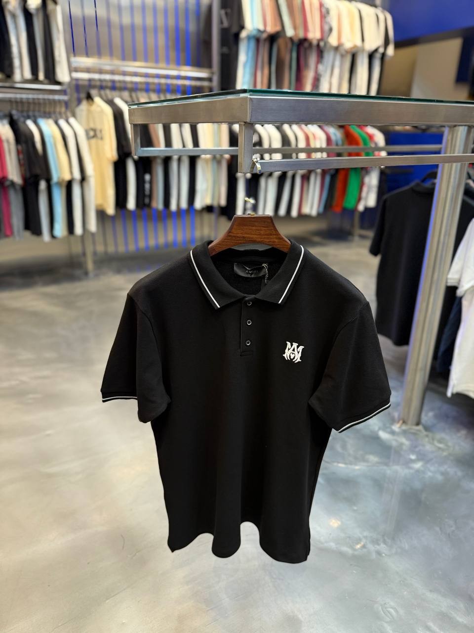 A Luxury Lettering Embroidered Black & White Polo T-shirt - Black