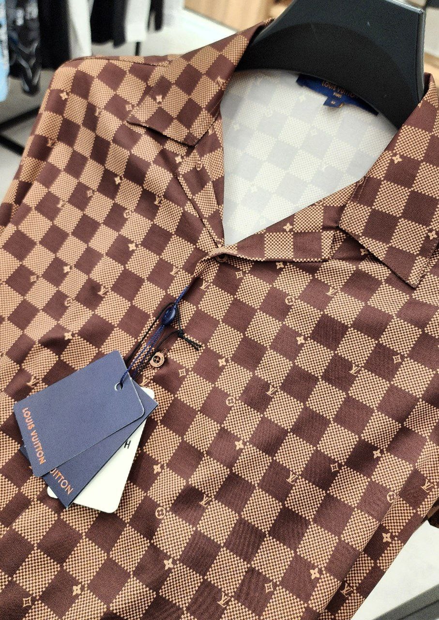 L New Season Grey & Brown Classic Square Model Silk Shirt - Brown